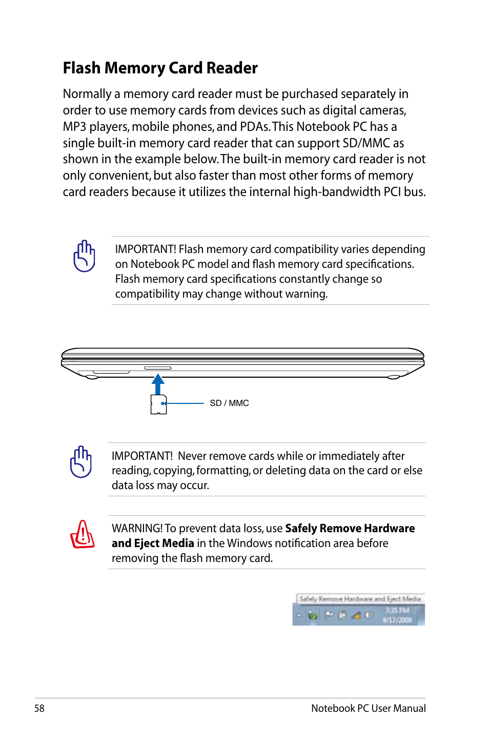 Flash memory card reader | Asus X75A User Manual | Page 58 / 116