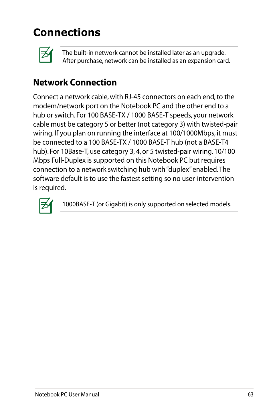 Connections, Network connection | Asus X75A User Manual | Page 63 / 116