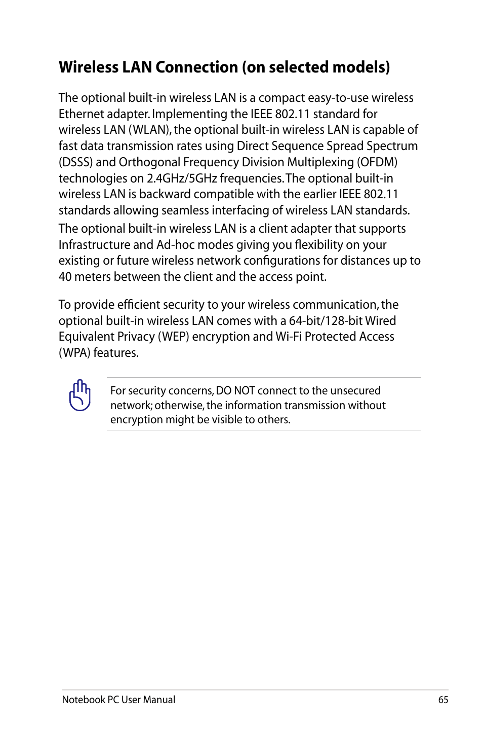 Wireless lan connection (on selected models) | Asus X75A User Manual | Page 65 / 116