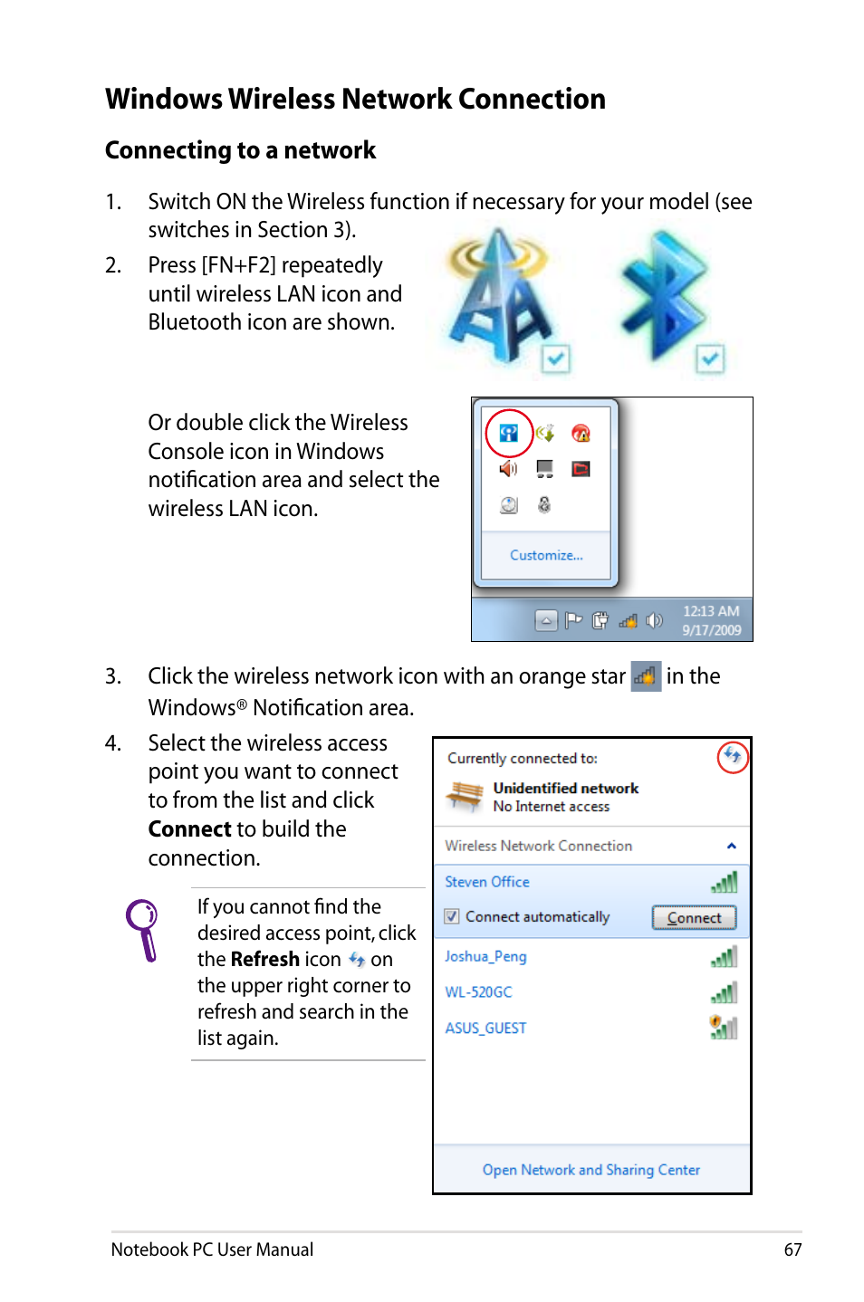 Windows wireless network connection | Asus X75A User Manual | Page 67 / 116