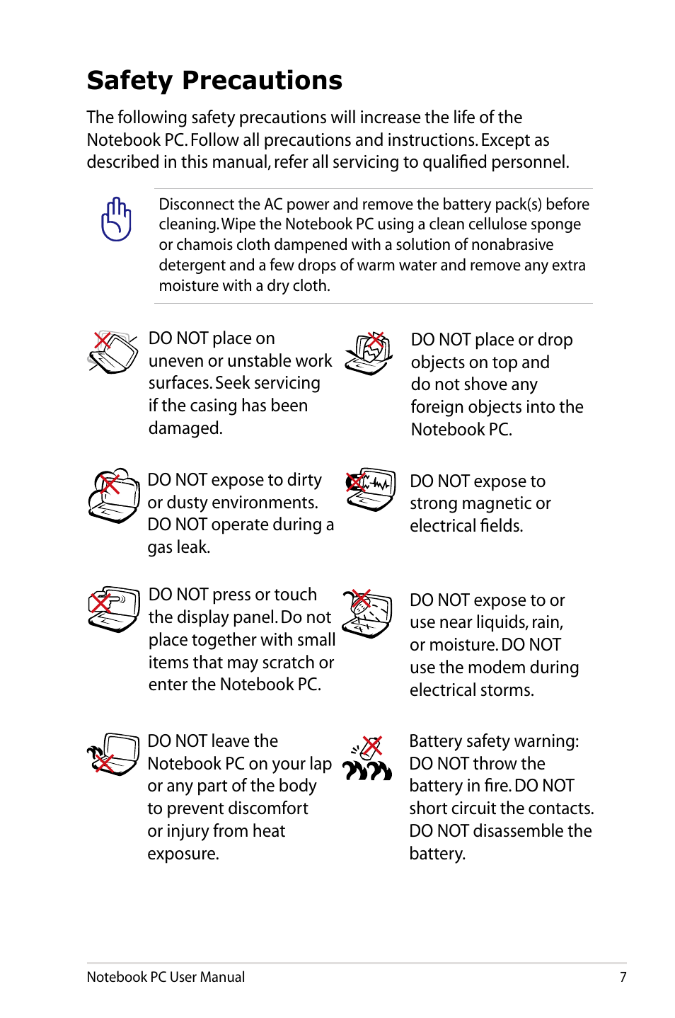 Safety precautions | Asus X75A User Manual | Page 7 / 116