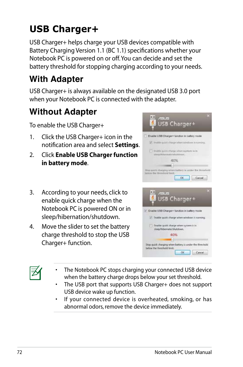 Usb charger, With adapter, Without adapter | Asus X75A User Manual | Page 72 / 116