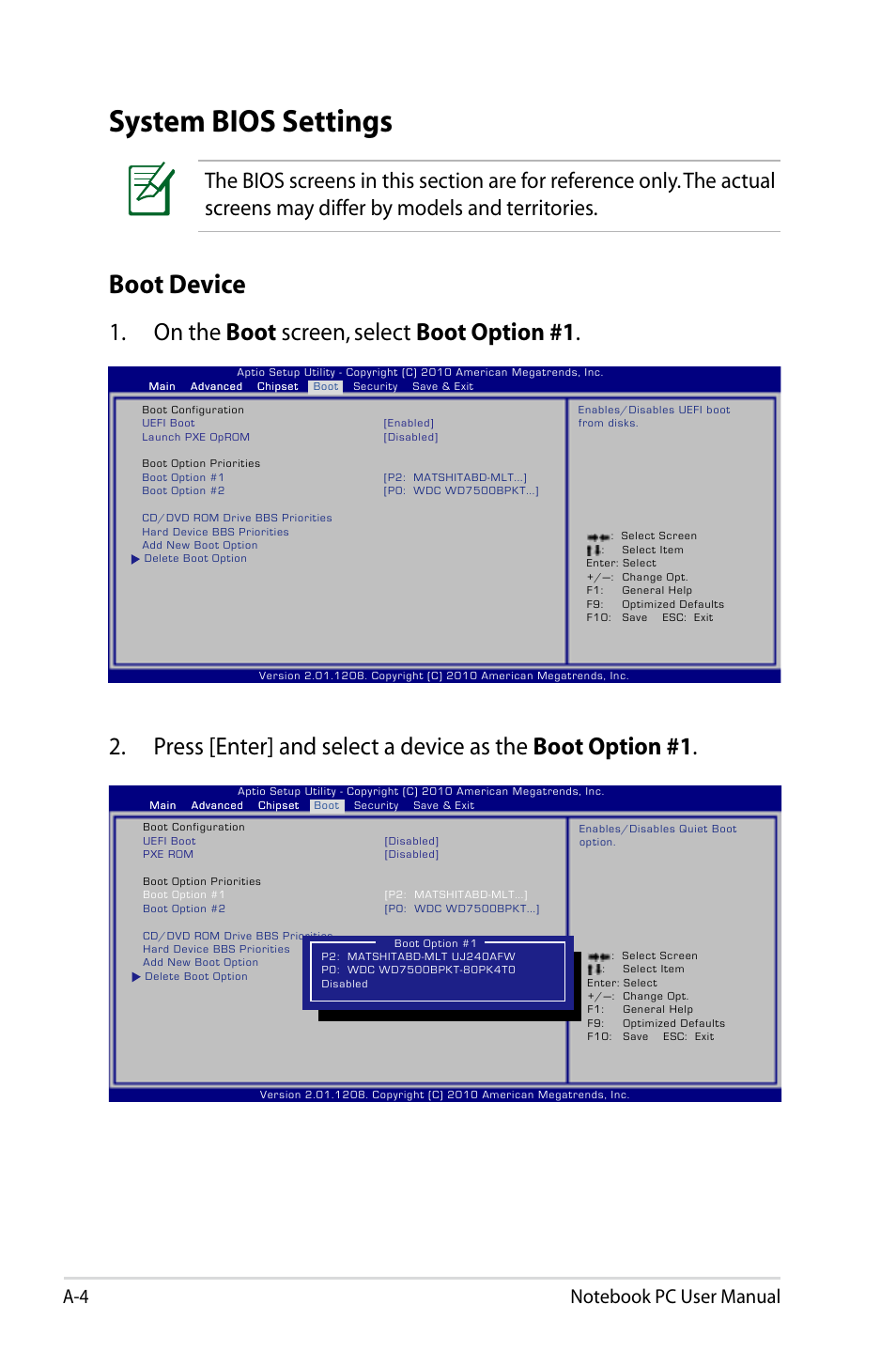 System bios settings, Boot device, On the boot screen, select boot option #1 | Asus X75A User Manual | Page 76 / 116