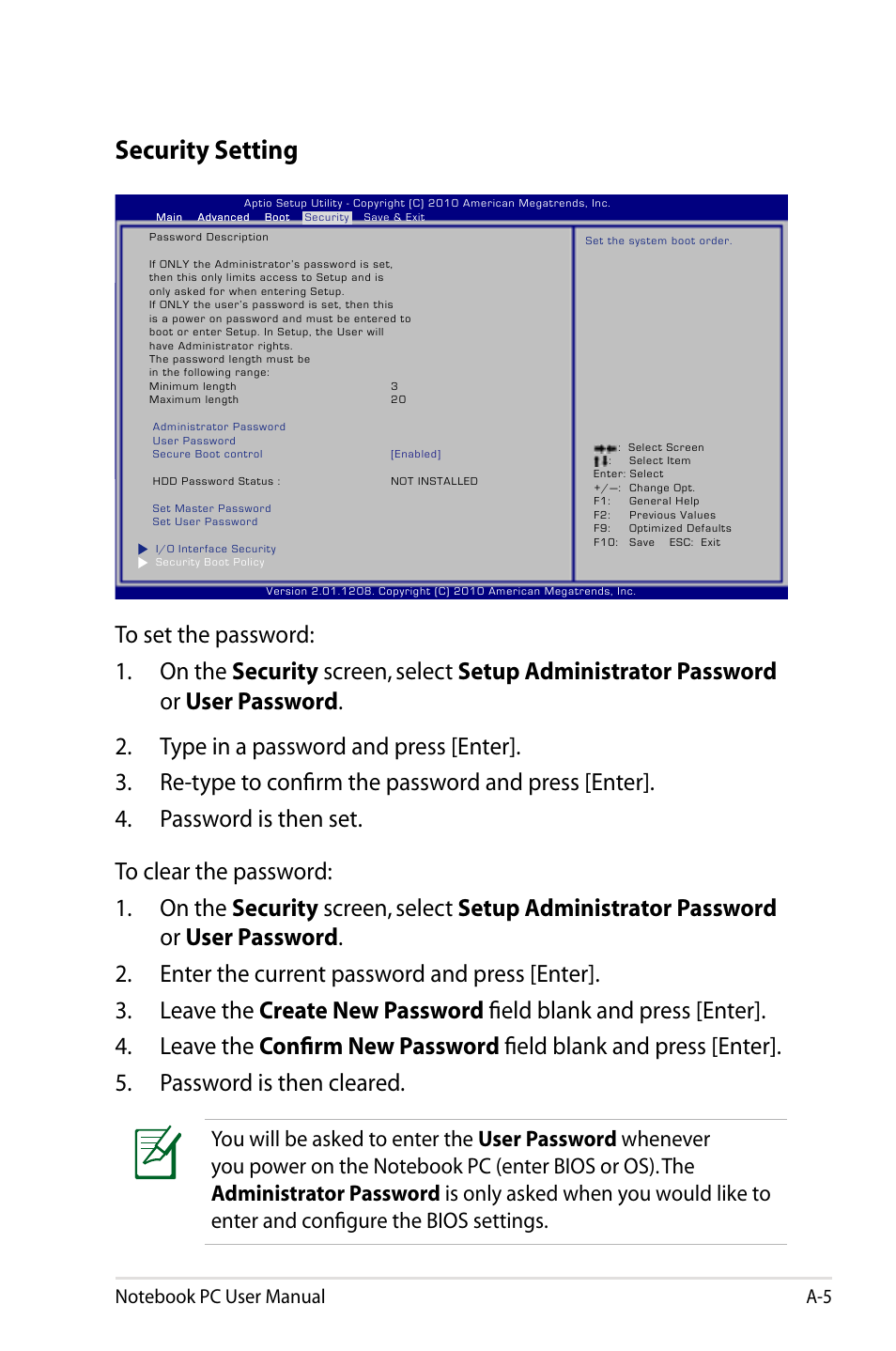 Security setting | Asus X75A User Manual | Page 77 / 116