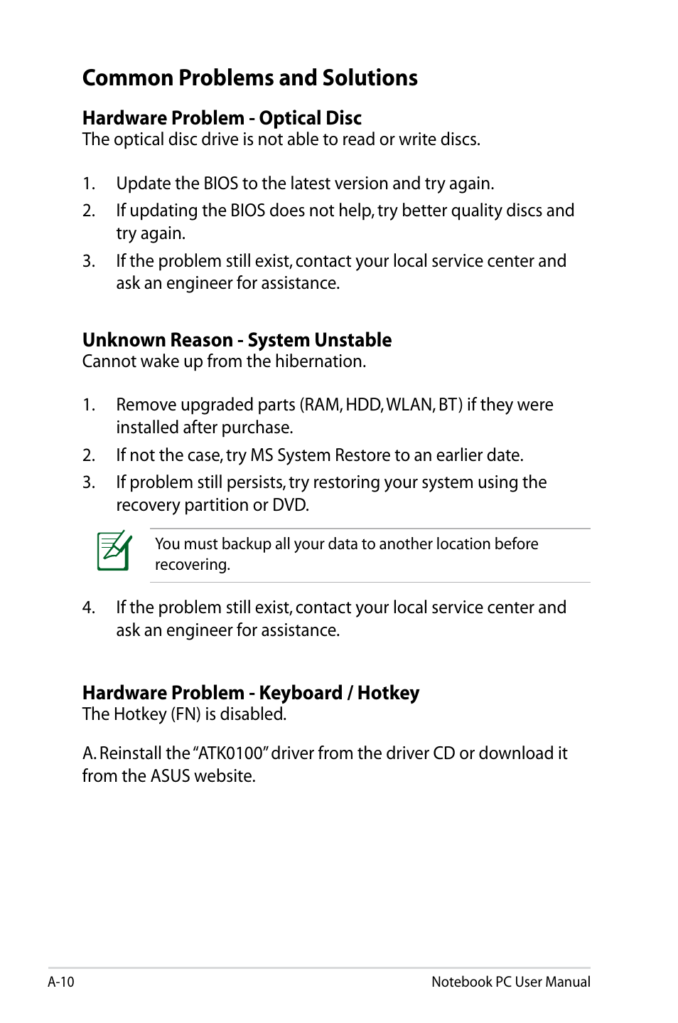 Common problems and solutions | Asus X75A User Manual | Page 82 / 116