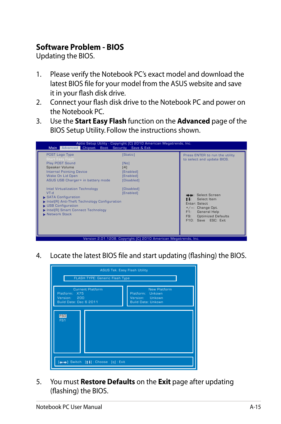 Software problem - bios | Asus X75A User Manual | Page 87 / 116