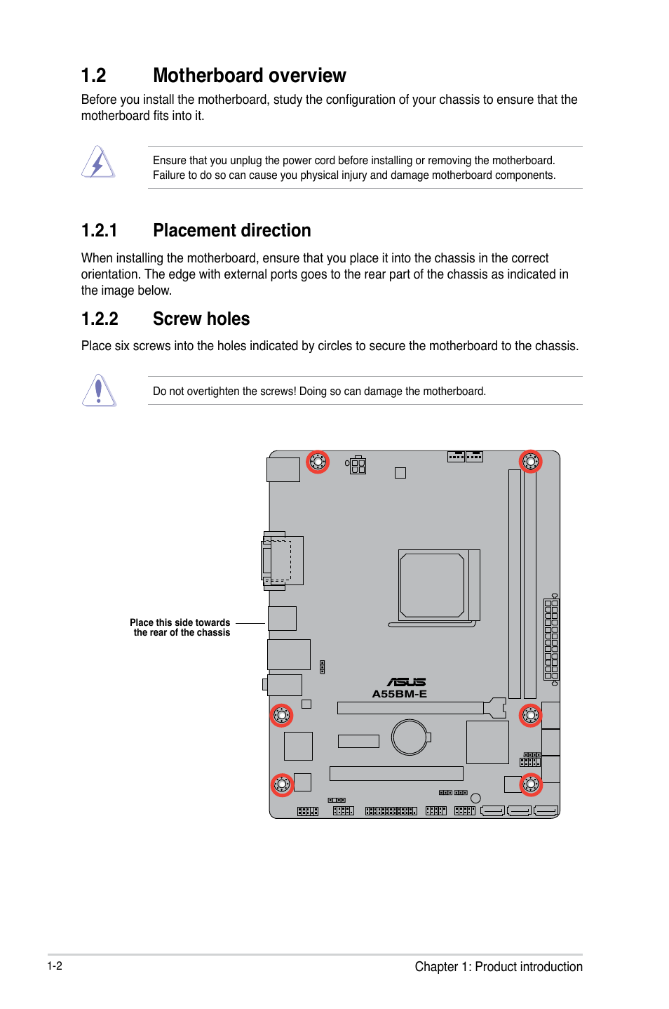 2 motherboard overview, 1 placement direction, 2 screw holes | Asus A55BM-E/BR User Manual | Page 10 / 49