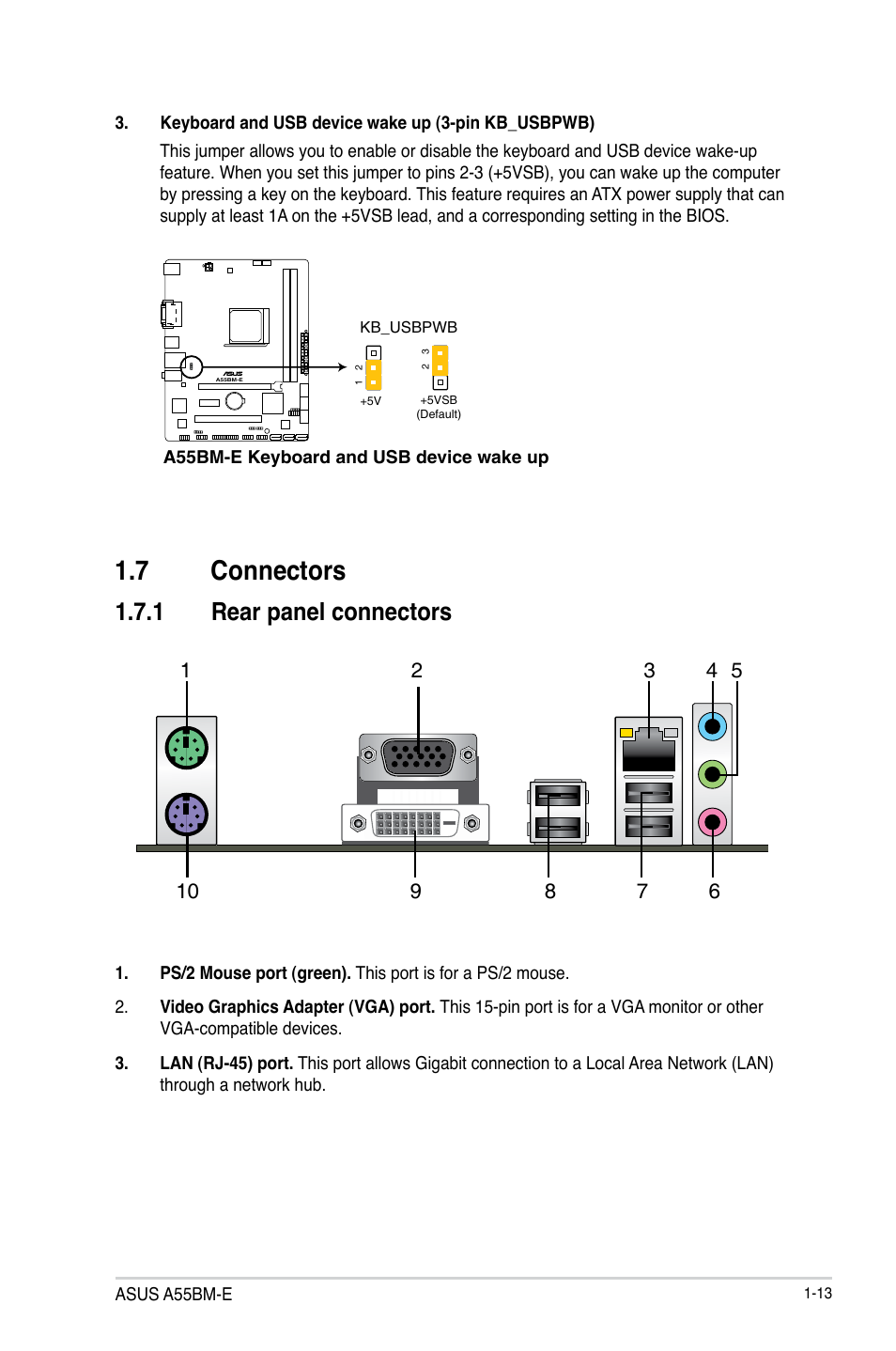 7 connectors, 1 rear panel connectors | Asus A55BM-E/BR User Manual | Page 21 / 49