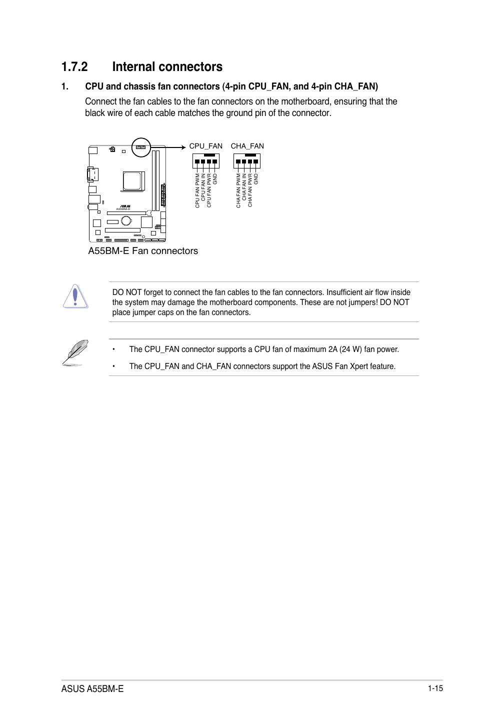 2 internal connectors, Asus a55bm-e, A55bm-e fan connectors | Asus A55BM-E/BR User Manual | Page 23 / 49