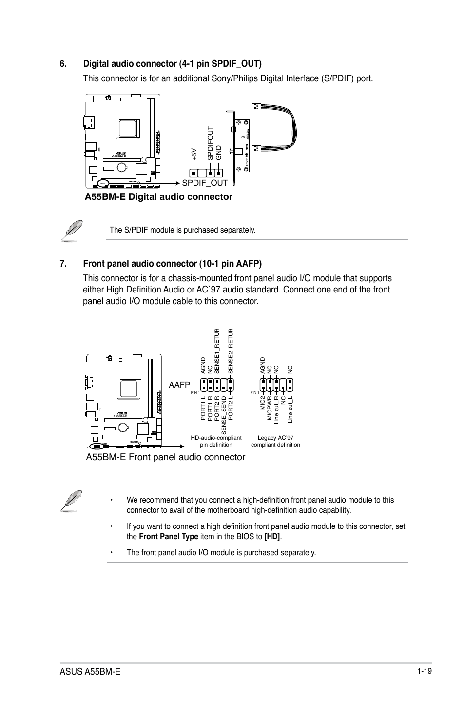 Asus a55bm-e, A55bm-e digital audio connector, A55bm-e front panel audio connector | Asus A55BM-E/BR User Manual | Page 27 / 49