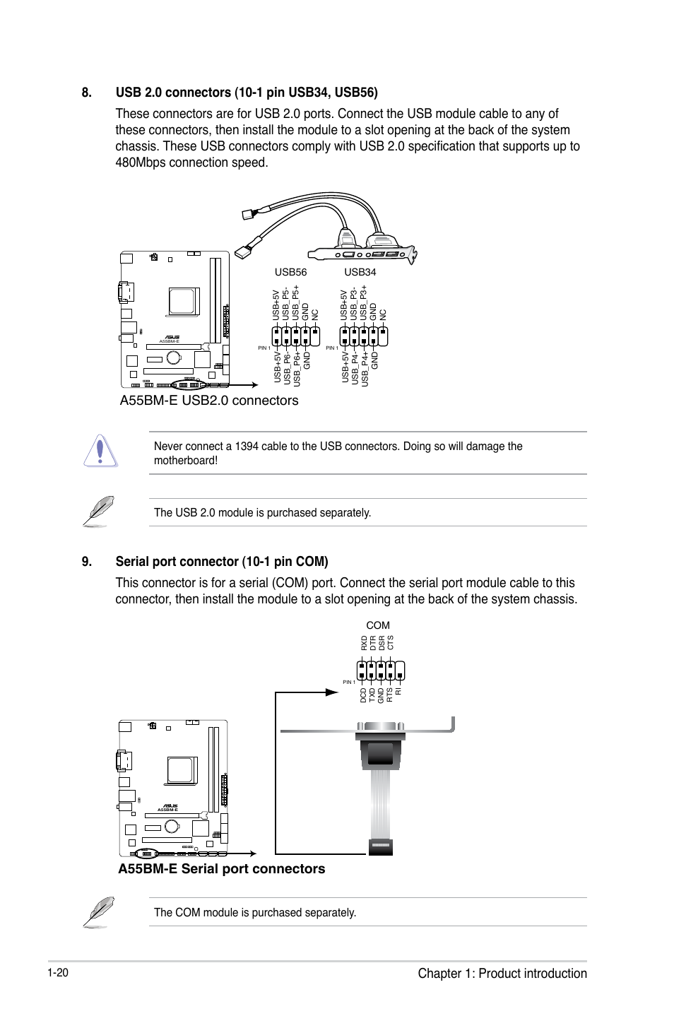 A55bm-e usb2.0 connectors, A55bm-e serial port connectors | Asus A55BM-E/BR User Manual | Page 28 / 49