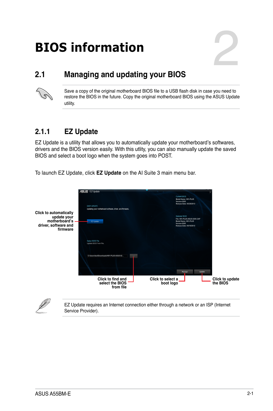 Bios information, 1 managing and updating your bios, 1 ez update | Asus A55BM-E/BR User Manual | Page 31 / 49