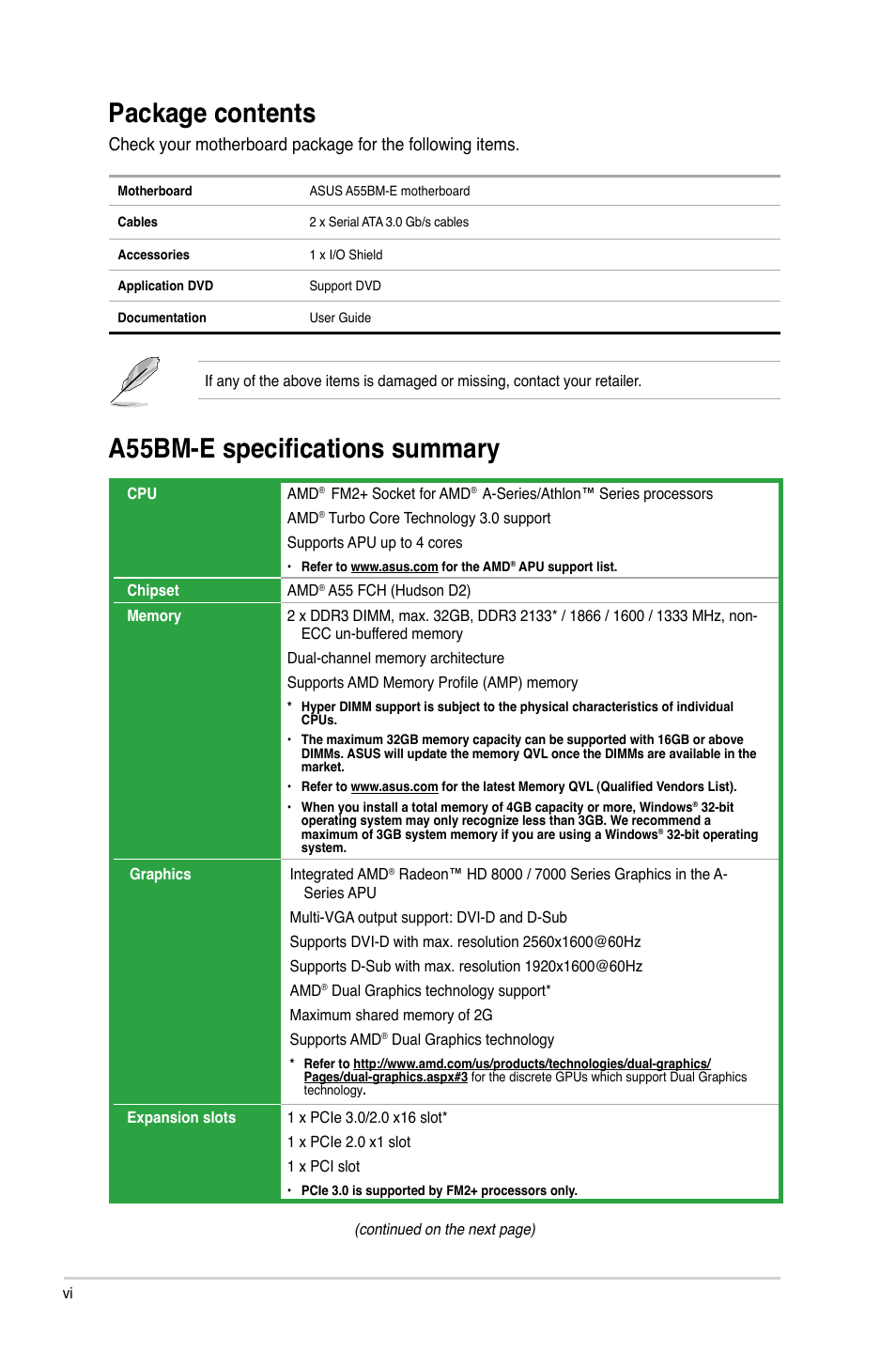 Package contents, A55bm-e specifications summary | Asus A55BM-E/BR User Manual | Page 6 / 49