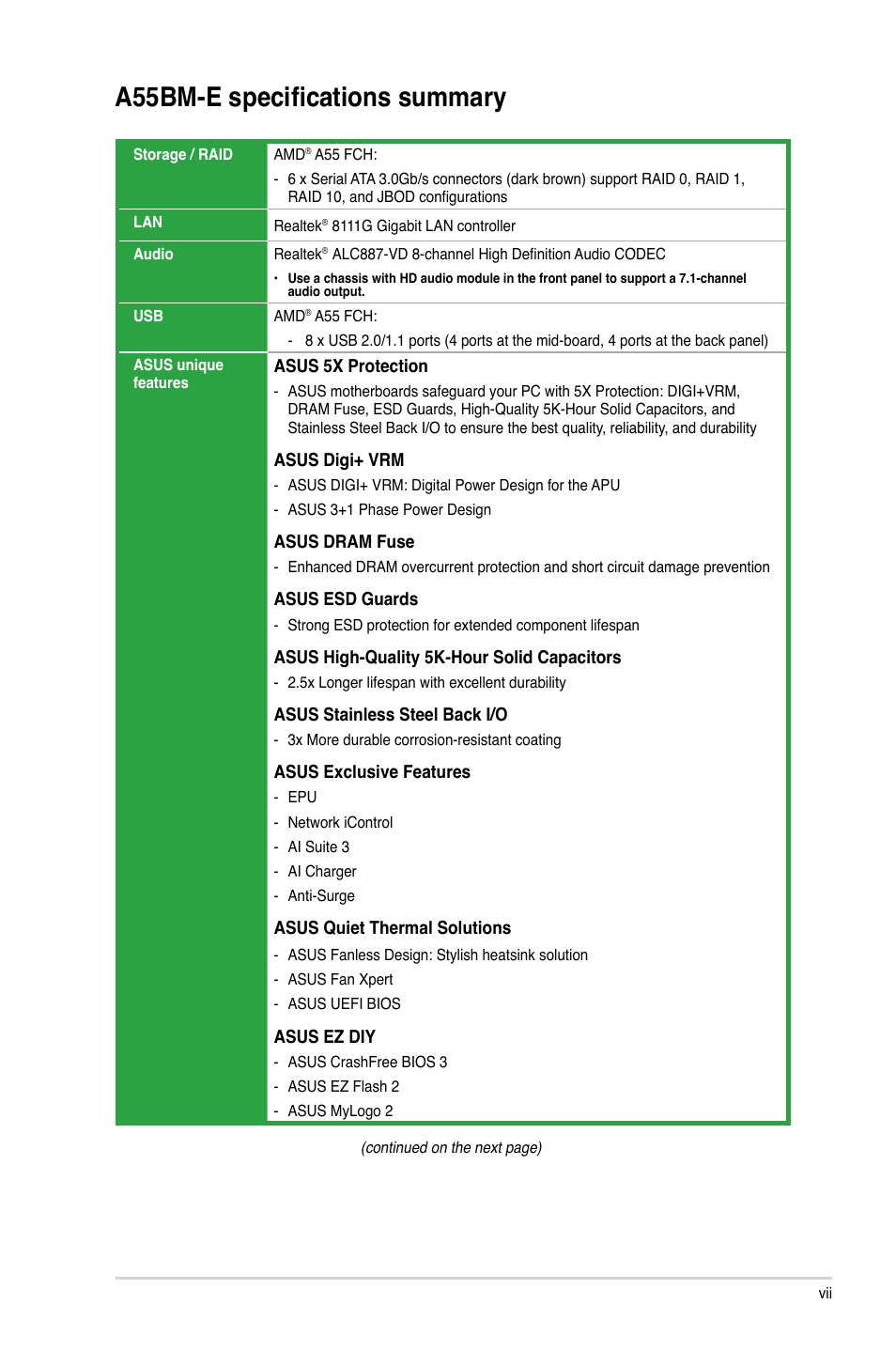 A55bm-e specifications summary | Asus A55BM-E/BR User Manual | Page 7 / 49
