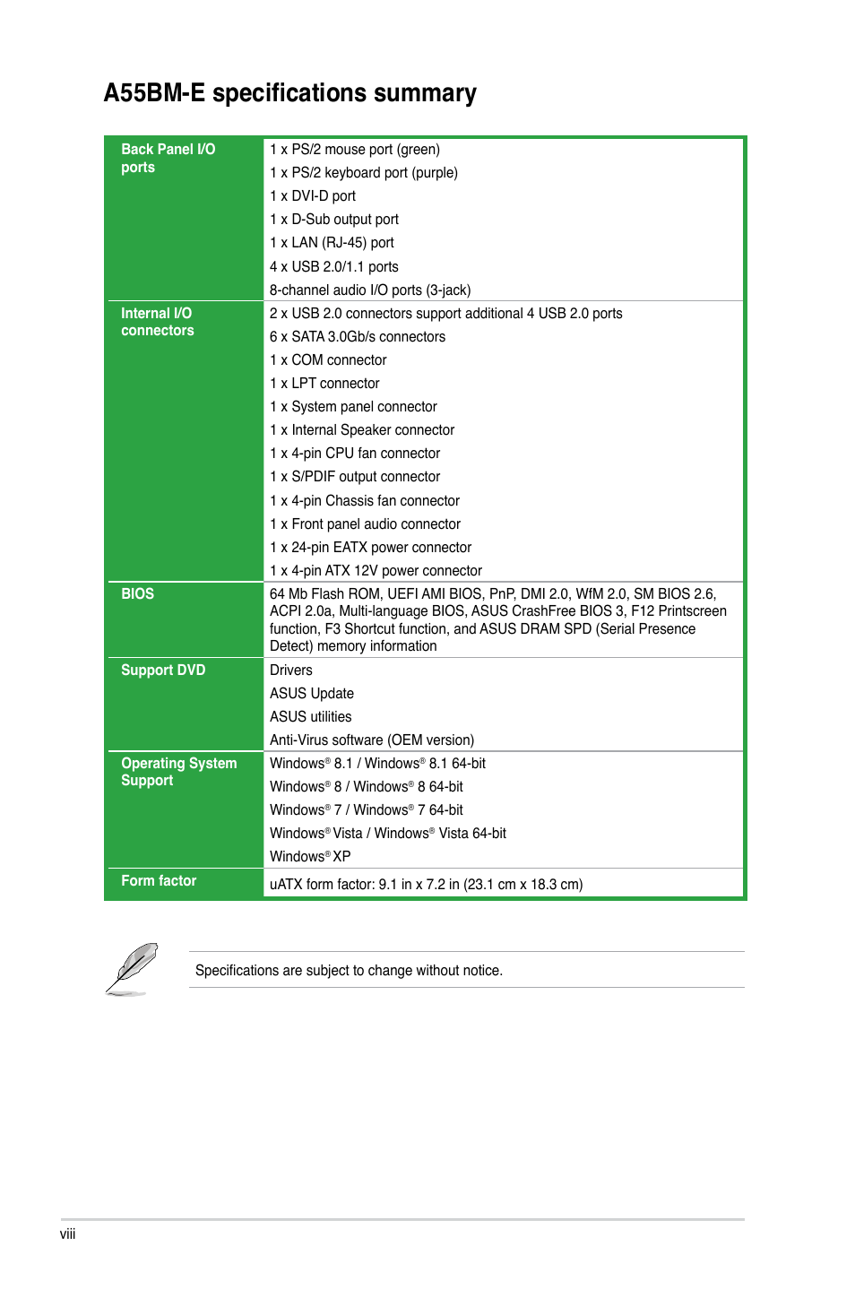 A55bm-e specifications summary | Asus A55BM-E/BR User Manual | Page 8 / 49