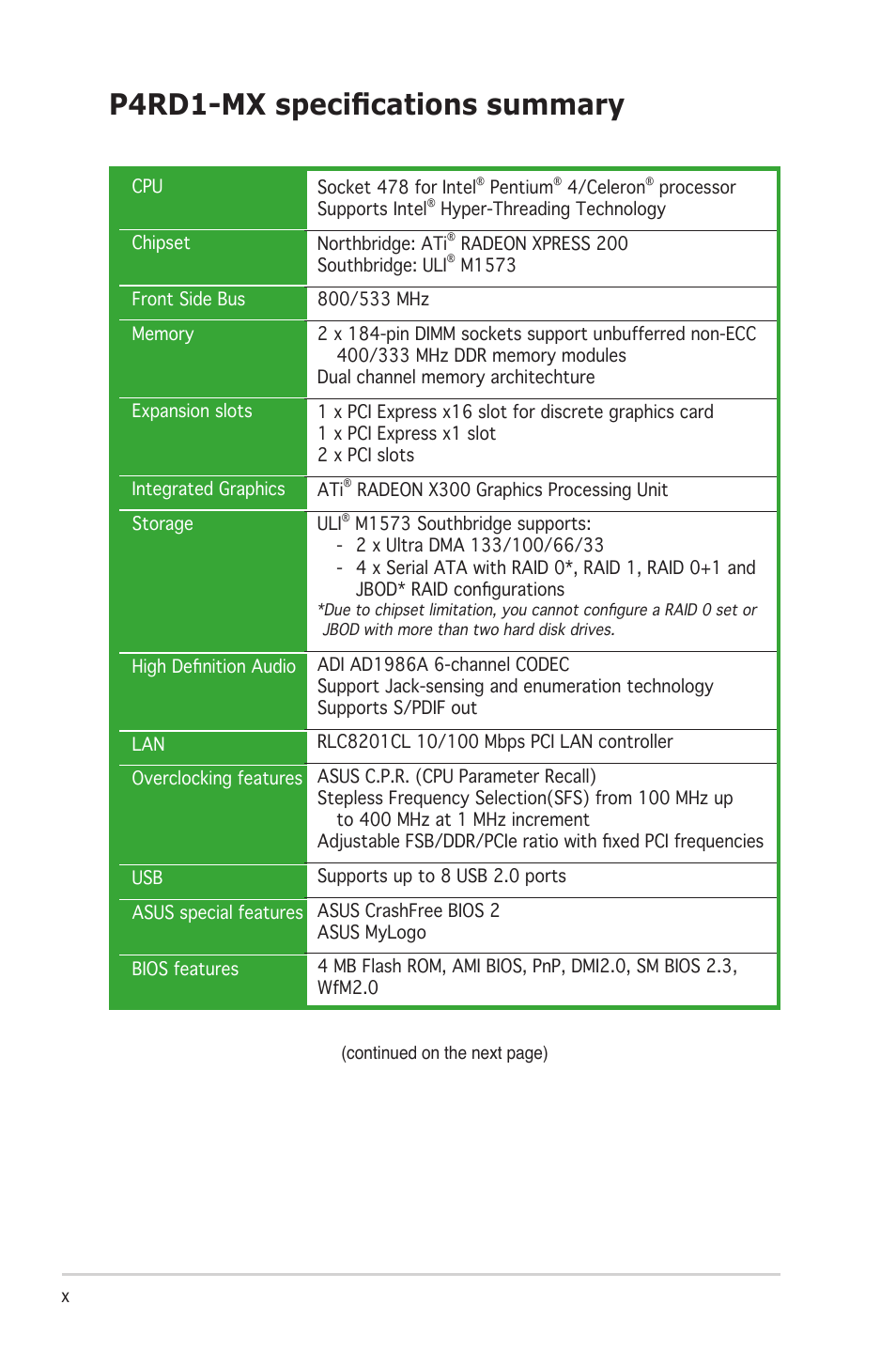 P4rd1-mx speciﬁcations summary | Asus P4RD1-MX User Manual | Page 10 / 82