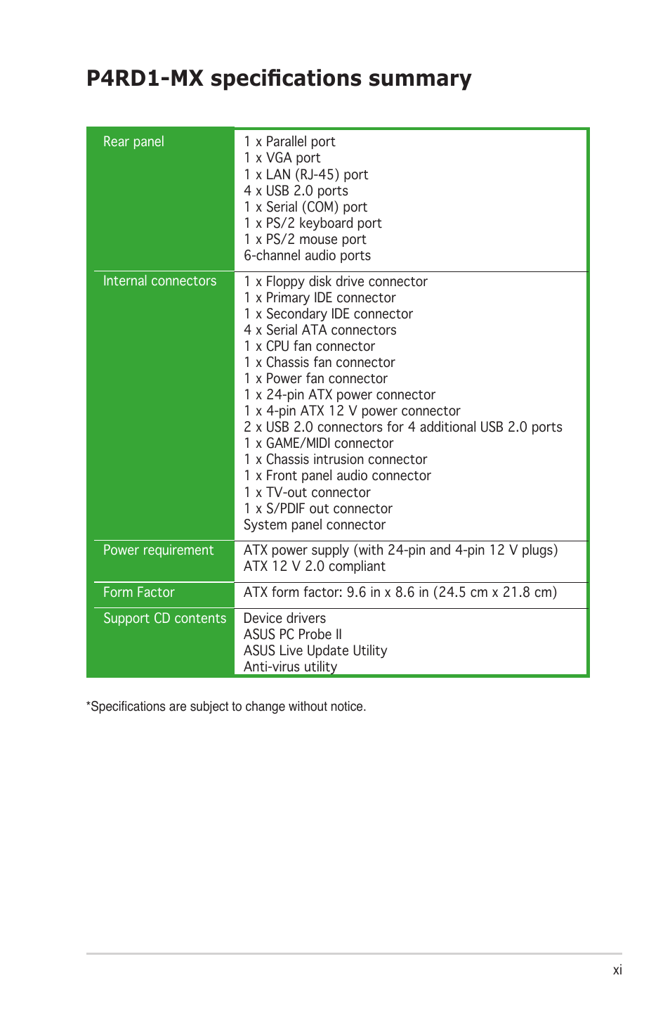 P4rd1-mx speciﬁcations summary | Asus P4RD1-MX User Manual | Page 11 / 82