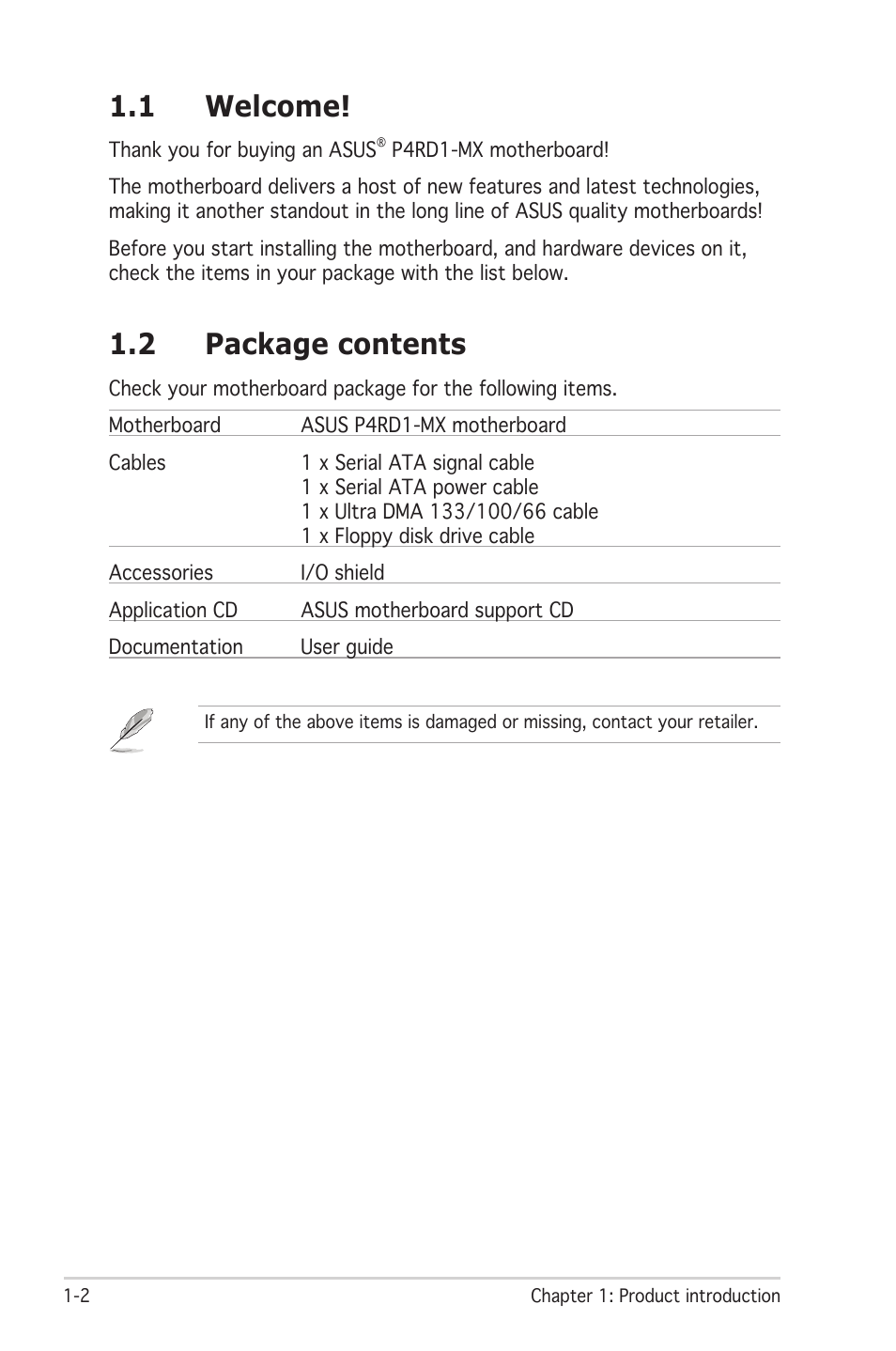 1 welcome, 2 package contents | Asus P4RD1-MX User Manual | Page 14 / 82