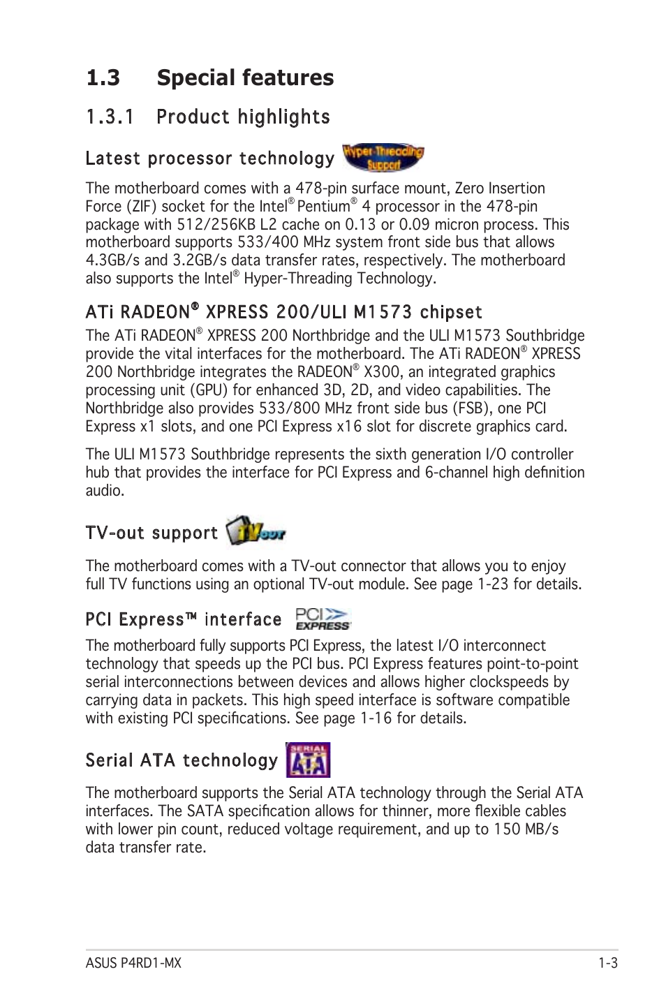 3 special features, 1 product highlights | Asus P4RD1-MX User Manual | Page 15 / 82