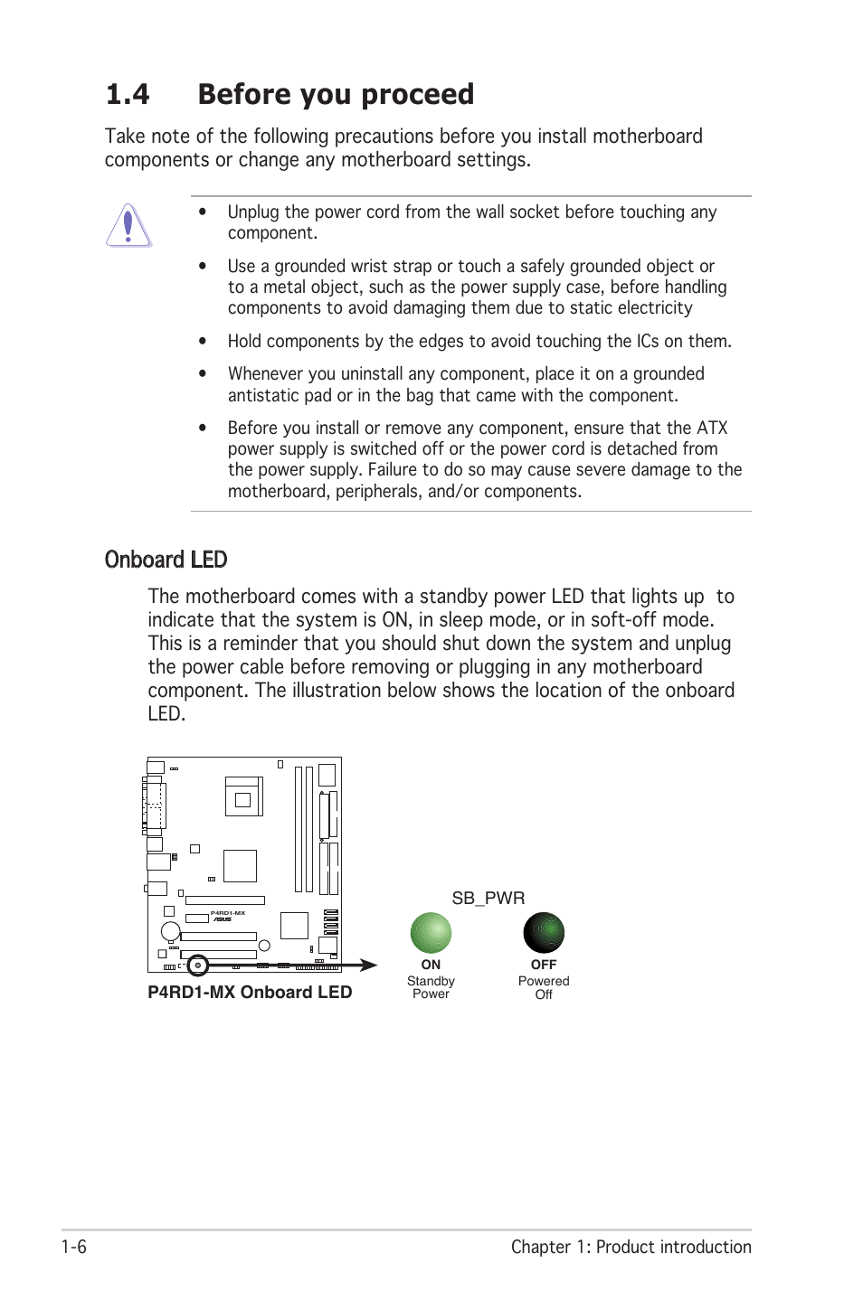 4 before you proceed, Onboard led | Asus P4RD1-MX User Manual | Page 18 / 82