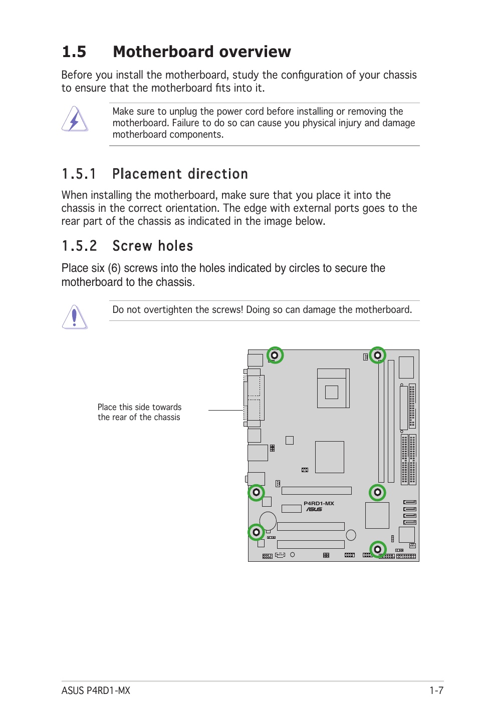 5 motherboard overview, 1 placement direction, 2 screw holes | Asus P4RD1-MX User Manual | Page 19 / 82