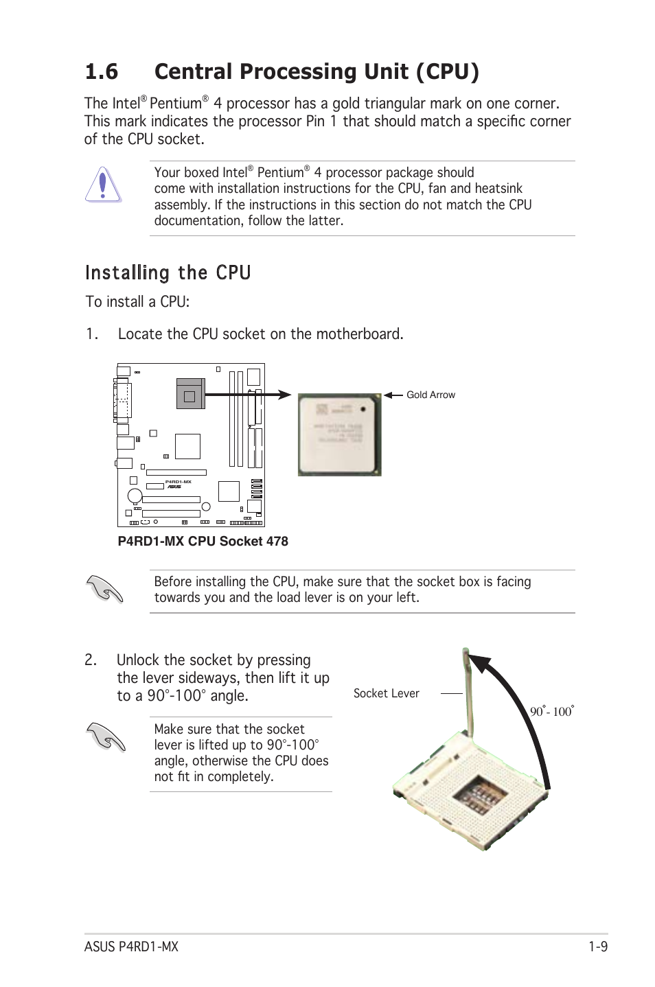 6 central processing unit (cpu), Installing the cpu | Asus P4RD1-MX User Manual | Page 21 / 82