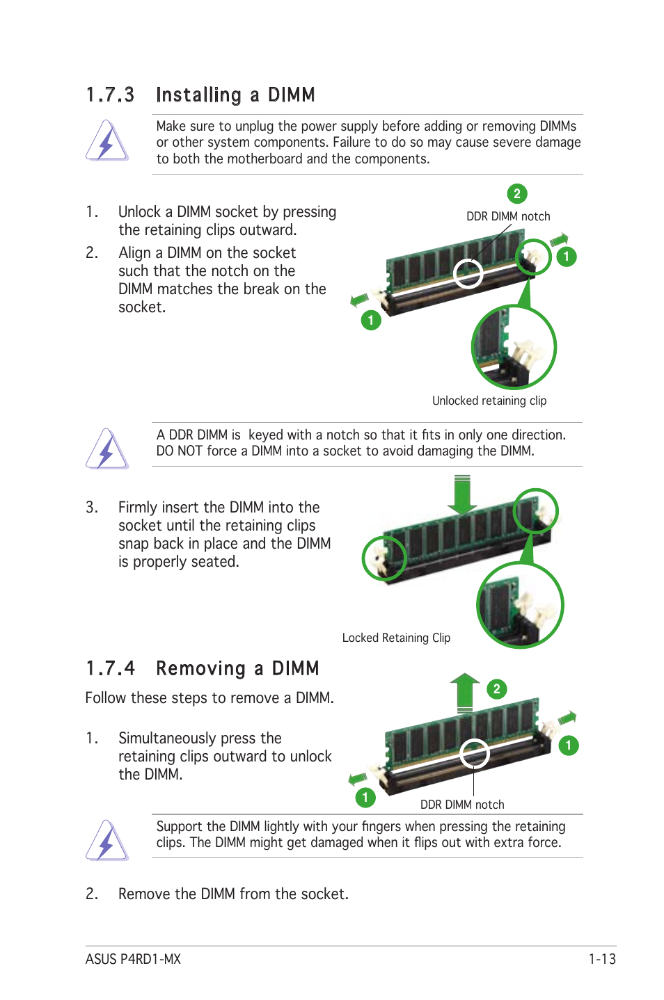 3 installing a dimm, 4 removing a dimm | Asus P4RD1-MX User Manual | Page 25 / 82