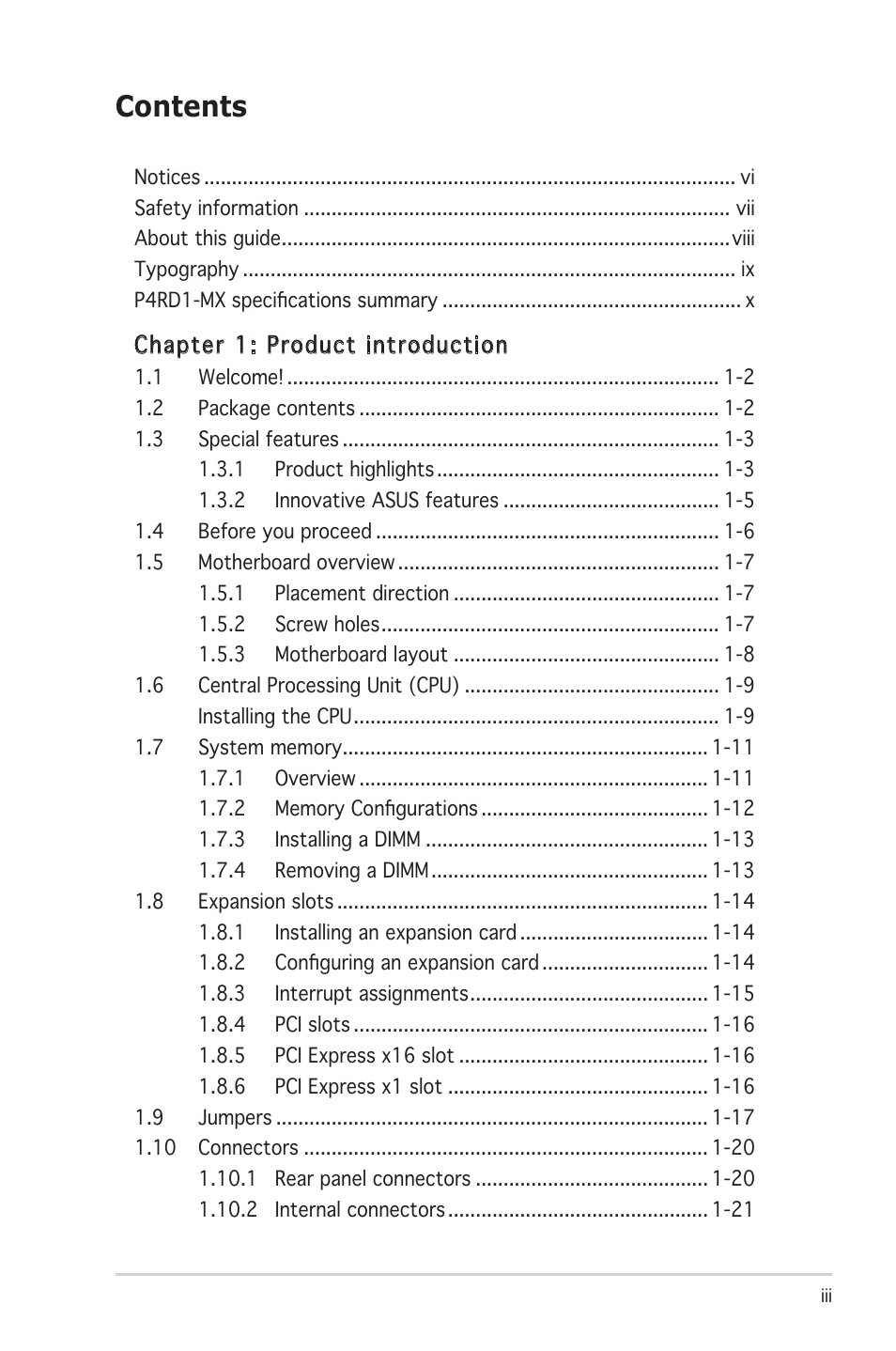 Asus P4RD1-MX User Manual | Page 3 / 82