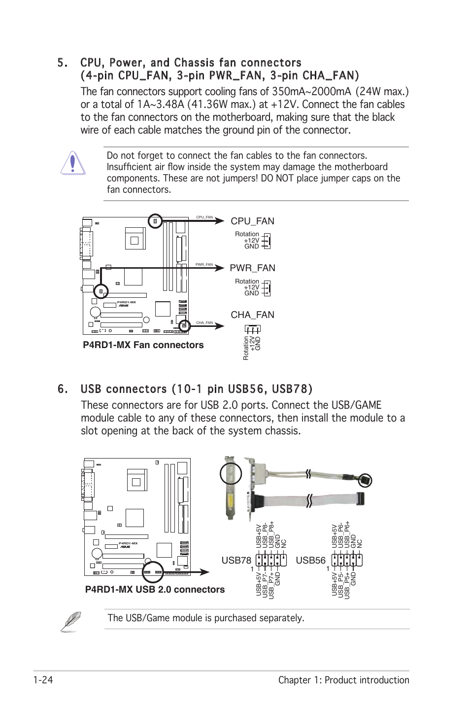 24 chapter 1: product introduction, P4rd1-mx fan connectors cpu_fan pwr_fan cha_fan, Usb78 | Asus P4RD1-MX User Manual | Page 36 / 82