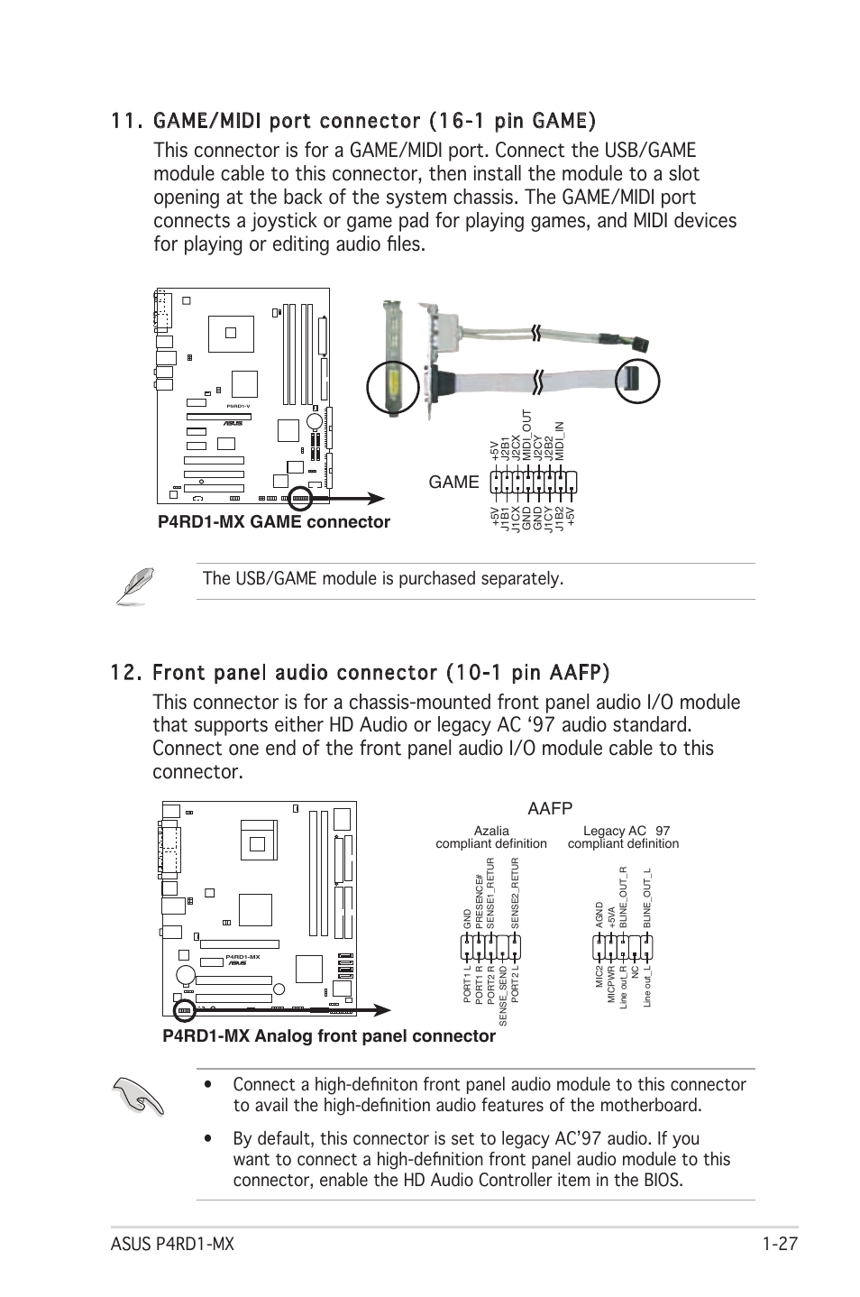 P4rd1-mx analog front panel connector aafp, The usb/game module is purchased separately, P4rd1-mx game connector game | Asus P4RD1-MX User Manual | Page 39 / 82