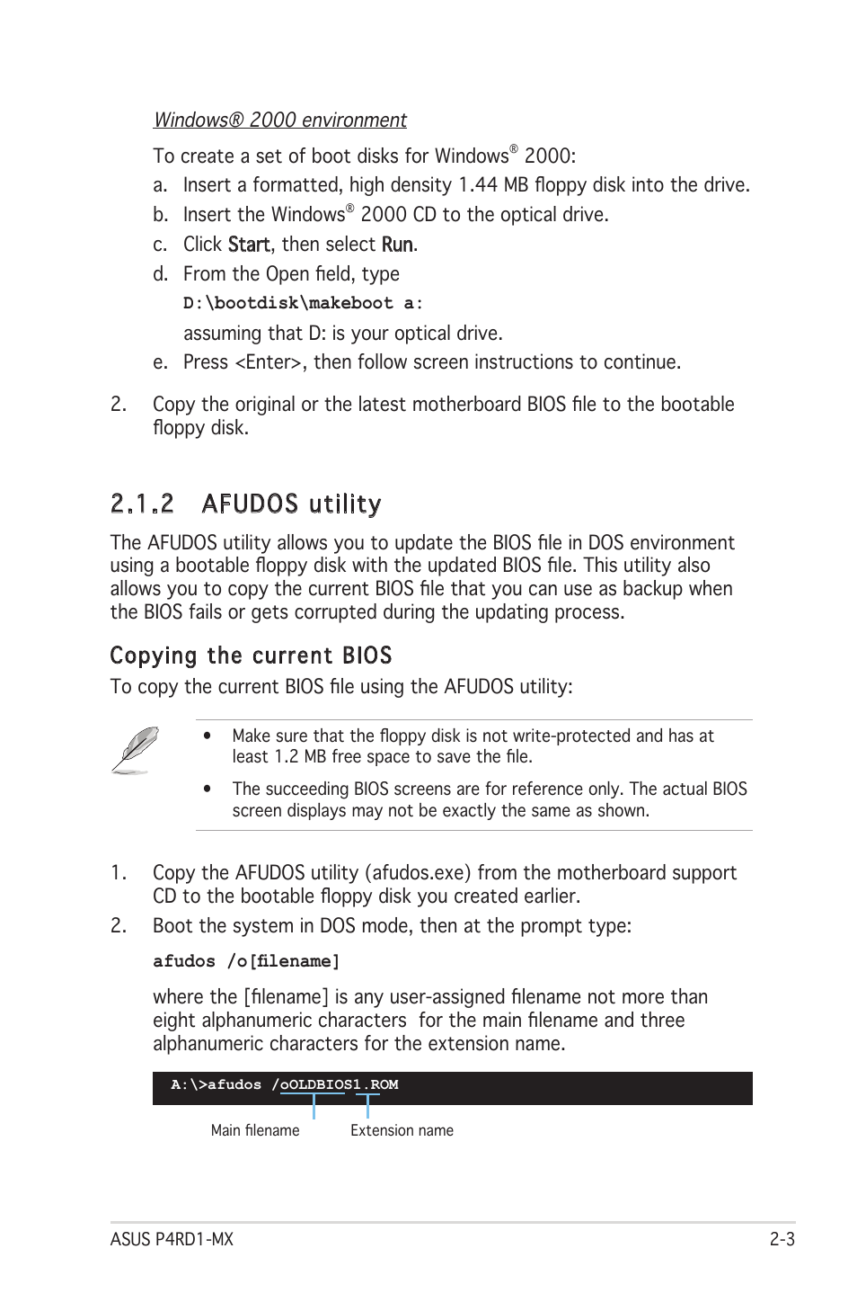 2 afudos utility, Copying the current bios | Asus P4RD1-MX User Manual | Page 43 / 82