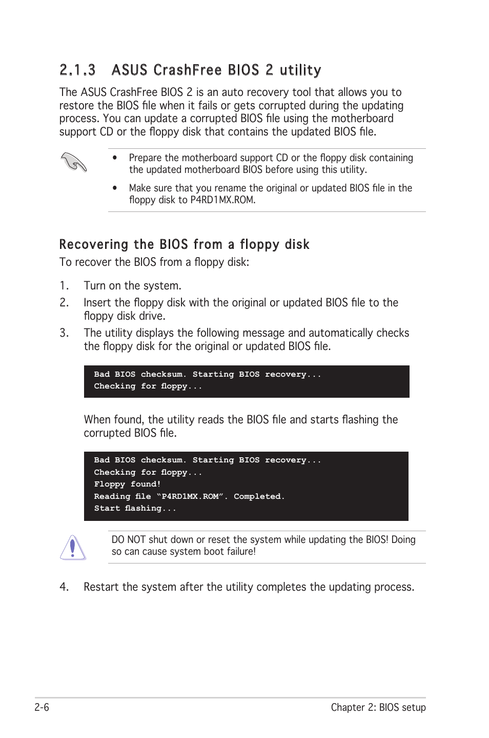 3 asus crashfree bios 2 utility, Recovering the bios from a floppy disk | Asus P4RD1-MX User Manual | Page 46 / 82