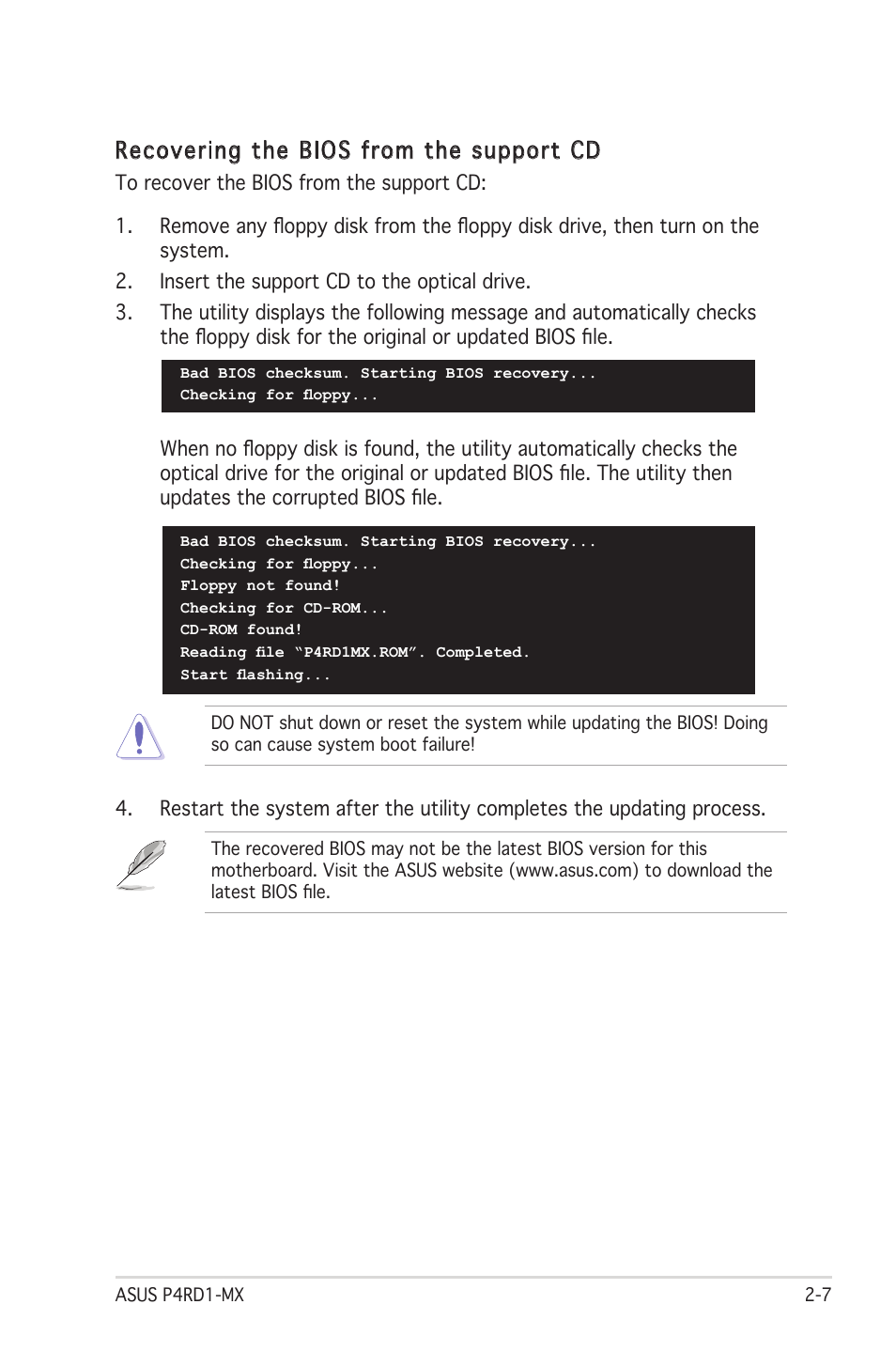 Recovering the bios from the support cd | Asus P4RD1-MX User Manual | Page 47 / 82