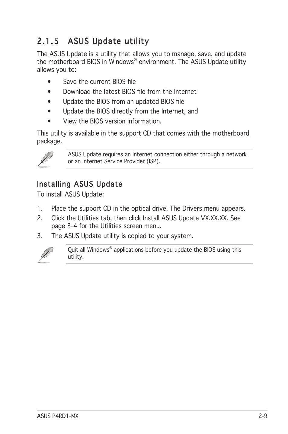 5 asus update utility, Installing asus update | Asus P4RD1-MX User Manual | Page 49 / 82