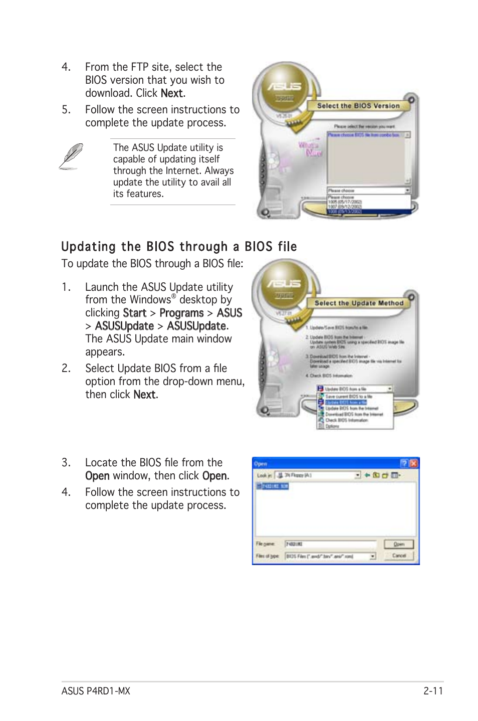 Updating the bios through a bios file | Asus P4RD1-MX User Manual | Page 51 / 82