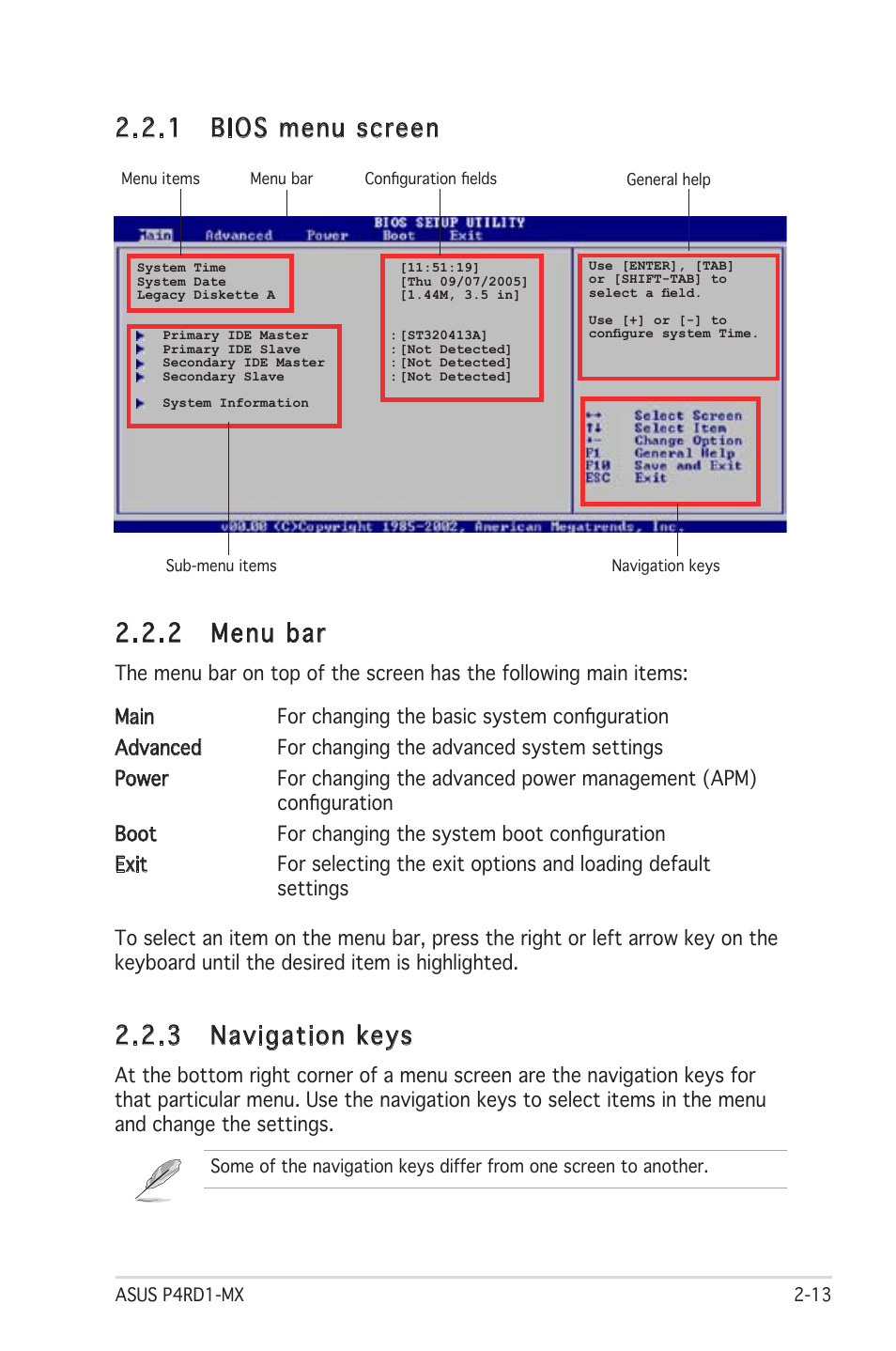 2 menu bar, 1 bios menu screen, 3 navigation keys | Asus P4RD1-MX User Manual | Page 53 / 82