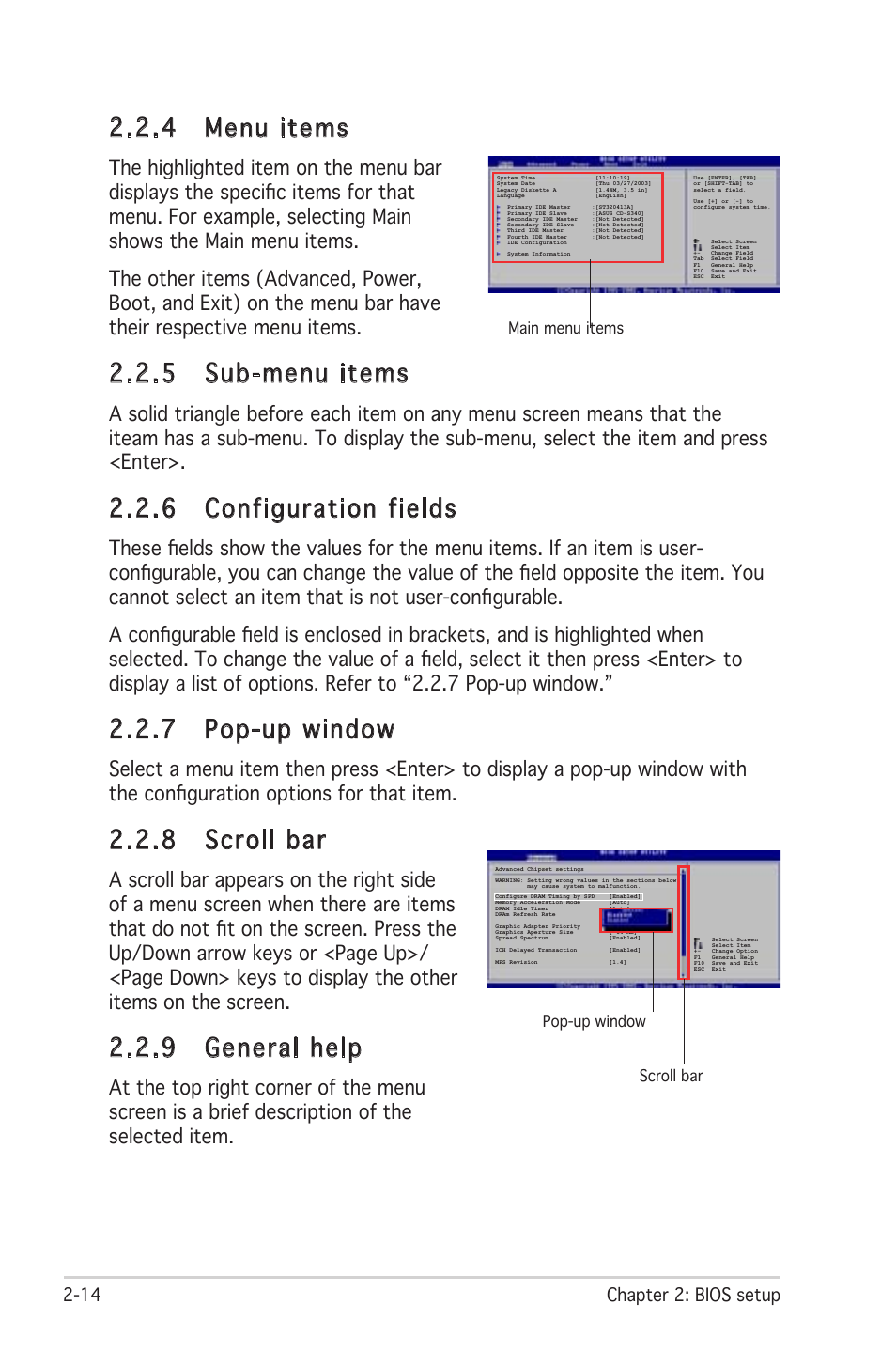 4 menu items, 5 sub-menu items, 6 configuration fields | 7 pop-up window, 8 scroll bar, 9 general help, 14 chapter 2: bios setup | Asus P4RD1-MX User Manual | Page 54 / 82