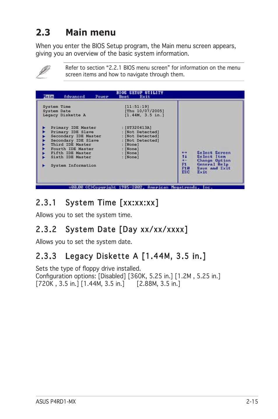 3 main menu, 1 system time [xx:xx:xx, Allows you to set the system time | Allows you to set the system date | Asus P4RD1-MX User Manual | Page 55 / 82