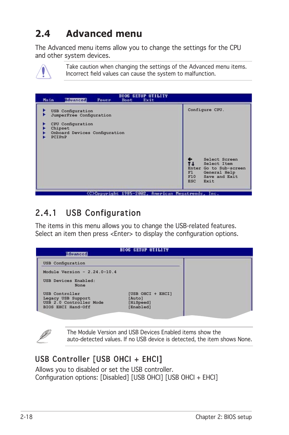 4 advanced menu, 1 usb configuration, Usb controller [usb ohci + ehci | Asus P4RD1-MX User Manual | Page 58 / 82