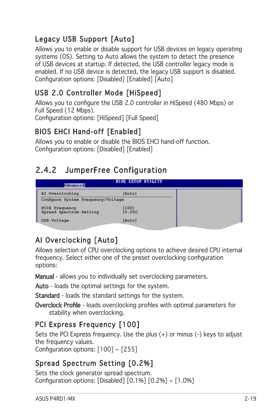 2 jumperfree configuration, Legacy usb support [auto, Usb 2.0 controller mode [hispeed | Bios ehci hand-off [enabled, Ai overclocking [auto, Pci express frequency [100, Spread spectrum setting [0.2 | Asus P4RD1-MX User Manual | Page 59 / 82