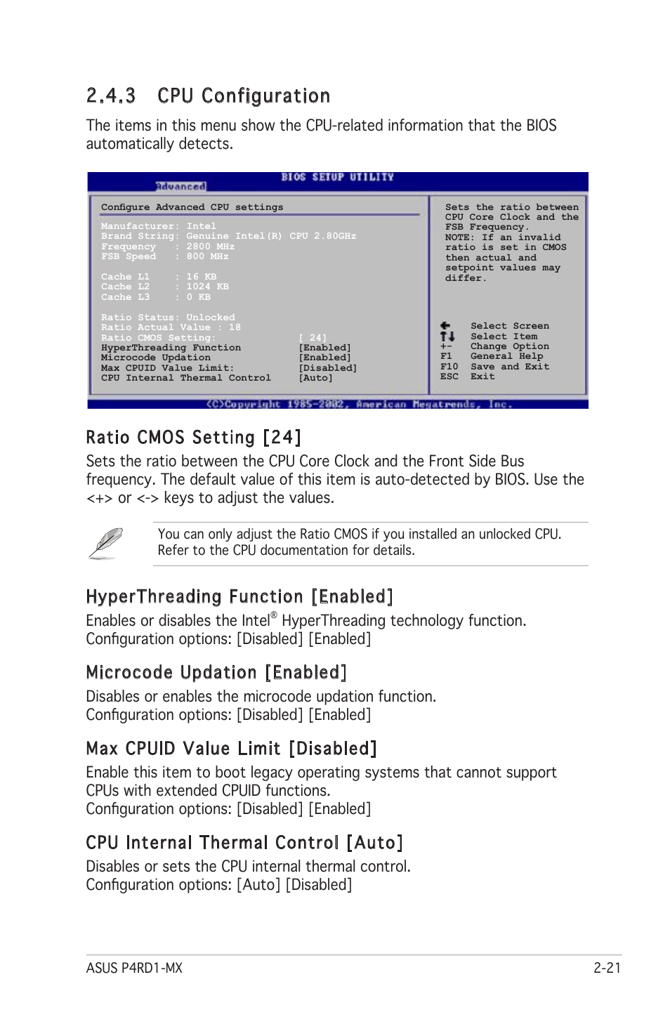 3 cpu configuration, Hyperthreading function [enabled, Microcode updation [enabled | Max cpuid value limit [disabled, Cpu internal thermal control [auto, Ratio cmos setting [24, Enables or disables the intel | Asus P4RD1-MX User Manual | Page 61 / 82