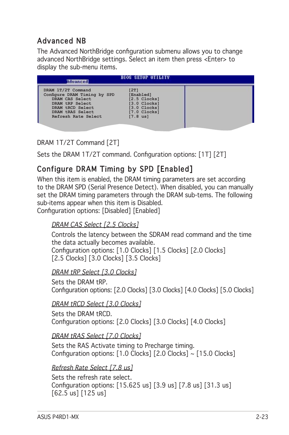 Configure dram timing by spd [enabled, Advanced nb | Asus P4RD1-MX User Manual | Page 63 / 82