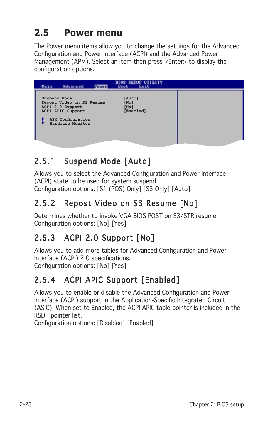 5 power menu, 1 suspend mode [auto, 2 repost video on s3 resume [no | 3 acpi 2.0 support [no, 4 acpi apic support [enabled | Asus P4RD1-MX User Manual | Page 68 / 82