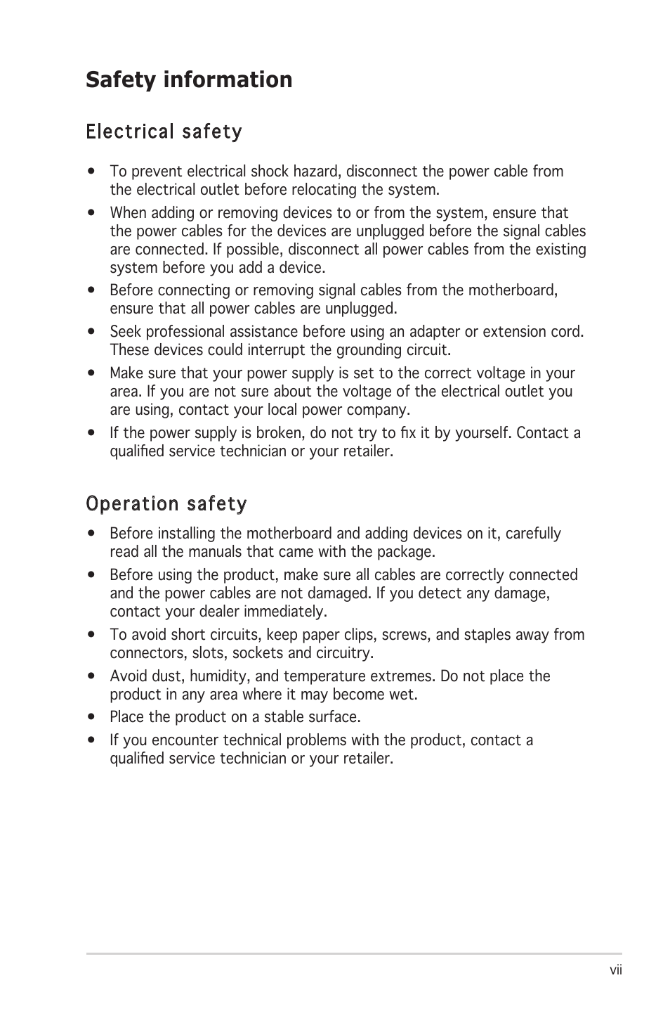 Safety information, Electrical safety, Operation safety | Asus P4RD1-MX User Manual | Page 7 / 82