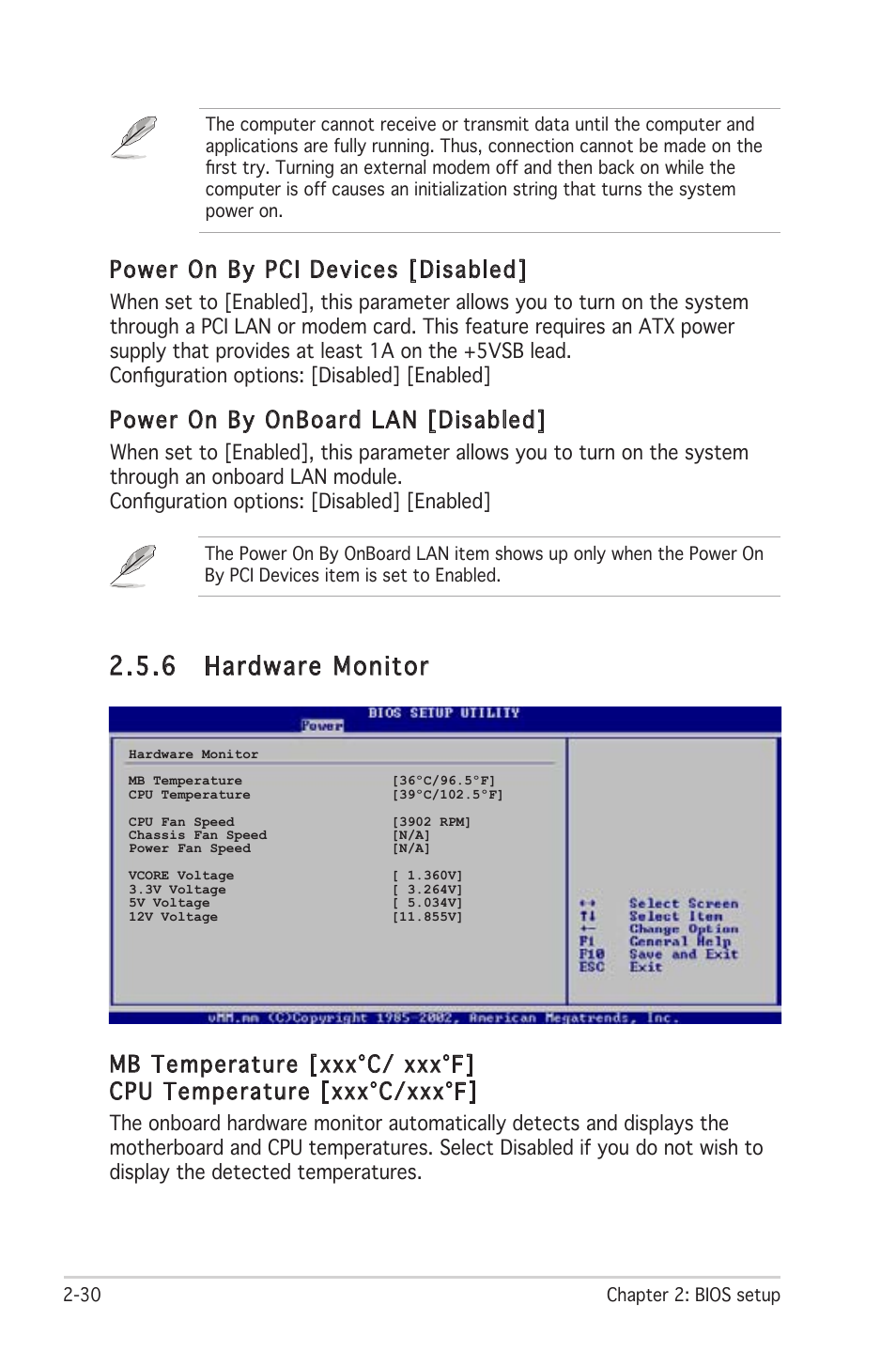 6 hardware monitor, Power on by pci devices [disabled, Power on by onboard lan [disabled | Asus P4RD1-MX User Manual | Page 70 / 82