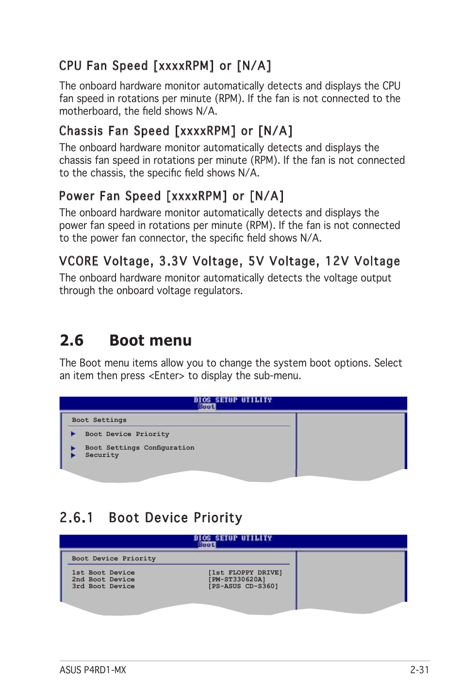 6 boot menu, 1 boot device priority | Asus P4RD1-MX User Manual | Page 71 / 82