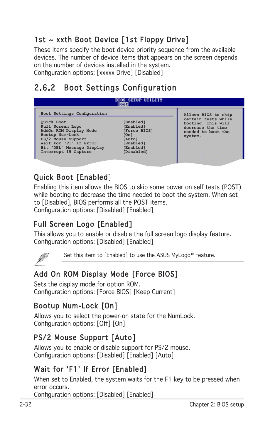 2 boot settings configuration, 1st ~ xxth boot device [1st floppy drive, Quick boot [enabled | Full screen logo [enabled, Add on rom display mode [force bios, Bootup num-lock [on, Ps/2 mouse support [auto, Wait for ʻf1ʼ if error [enabled | Asus P4RD1-MX User Manual | Page 72 / 82