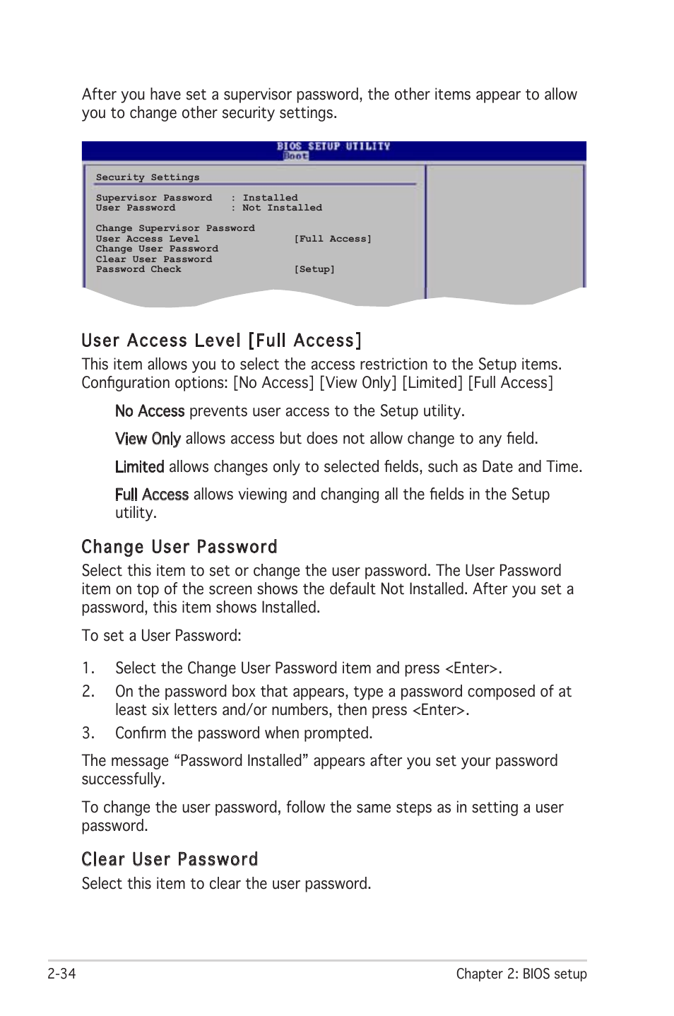 User access level [full access, Change user password, Clear user password | Asus P4RD1-MX User Manual | Page 74 / 82