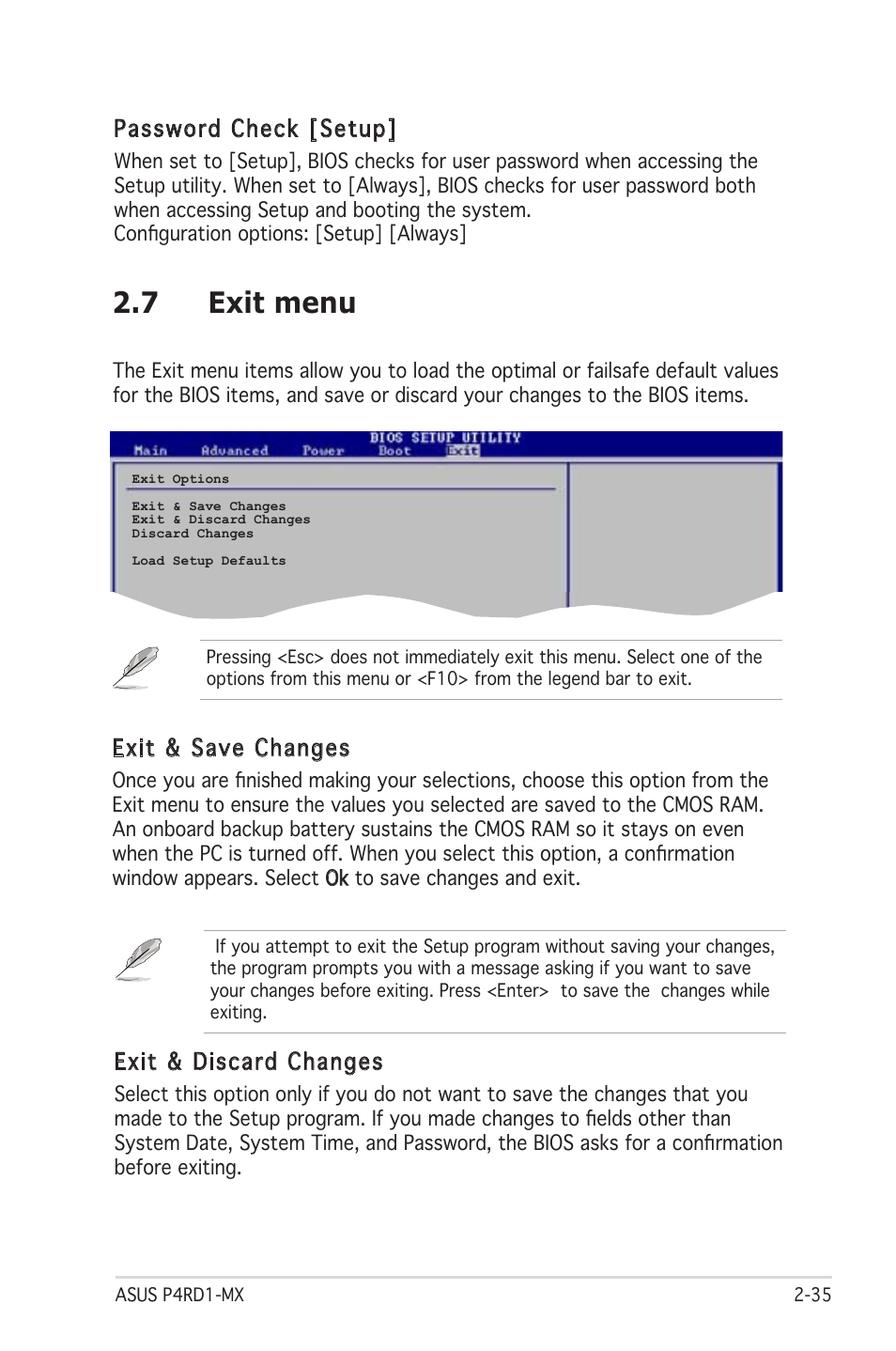 7 exit menu, Password check [setup, Exit & save changes | Exit & discard changes | Asus P4RD1-MX User Manual | Page 75 / 82