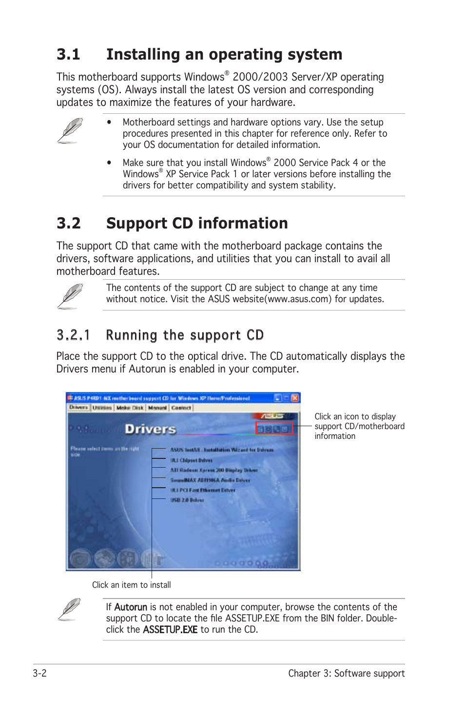 1 installing an operating system, 2 support cd information, 1 running the support cd | Asus P4RD1-MX User Manual | Page 78 / 82